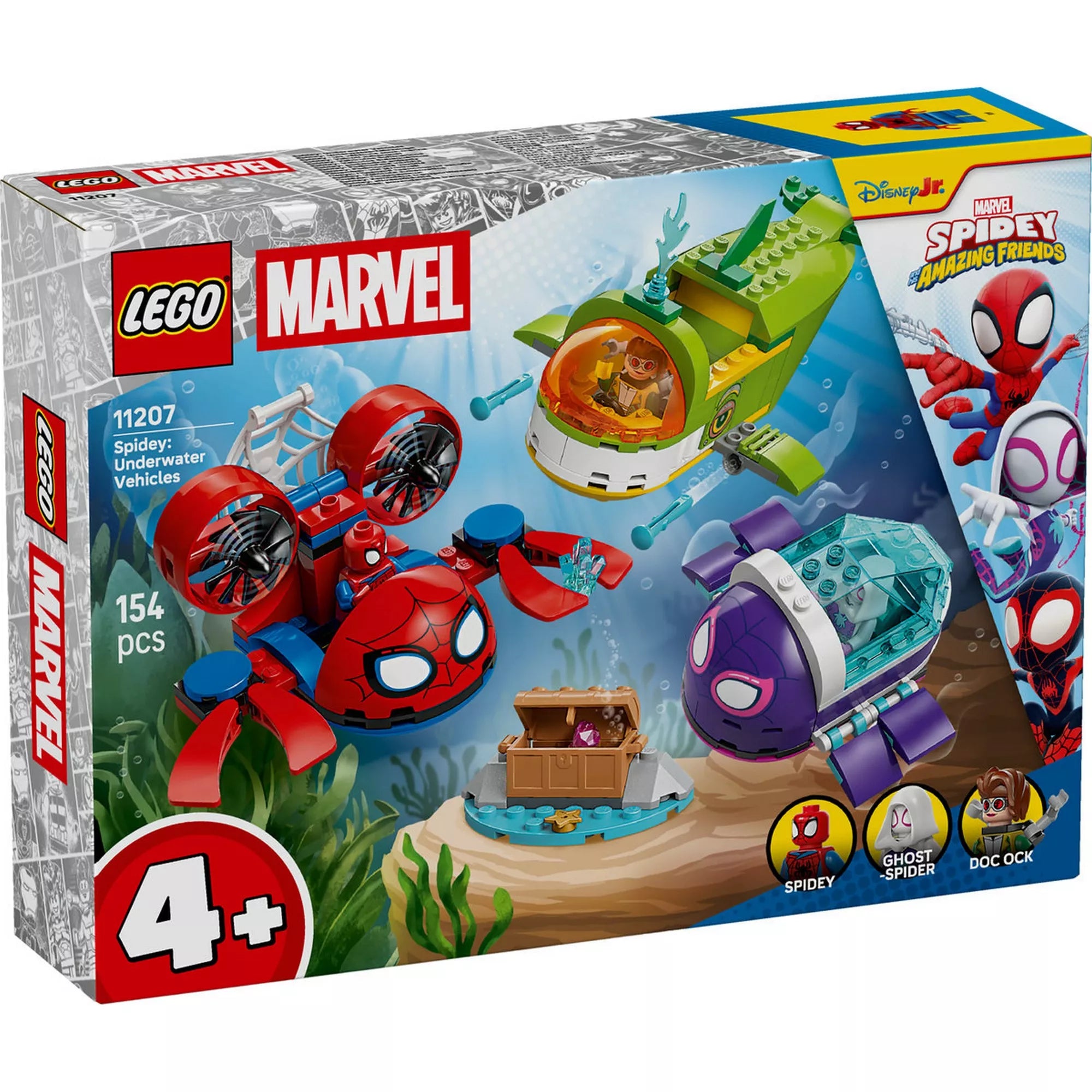 LEGO Marvel Spidey: Víz alatti járművek (11207) készlet dobozának eleje, három megépíthető tengeralattjáróval, Spidey, Pókfantom és Doc Ock minifigurákkal, 4 éves kortól.