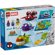 LEGO Marvel 11207 doboz hátoldala, amely bemutatja a tengeralattjárók funkcióit, a minifigurákat, a kiegészítőket és az egyszerű építési lépéseket.