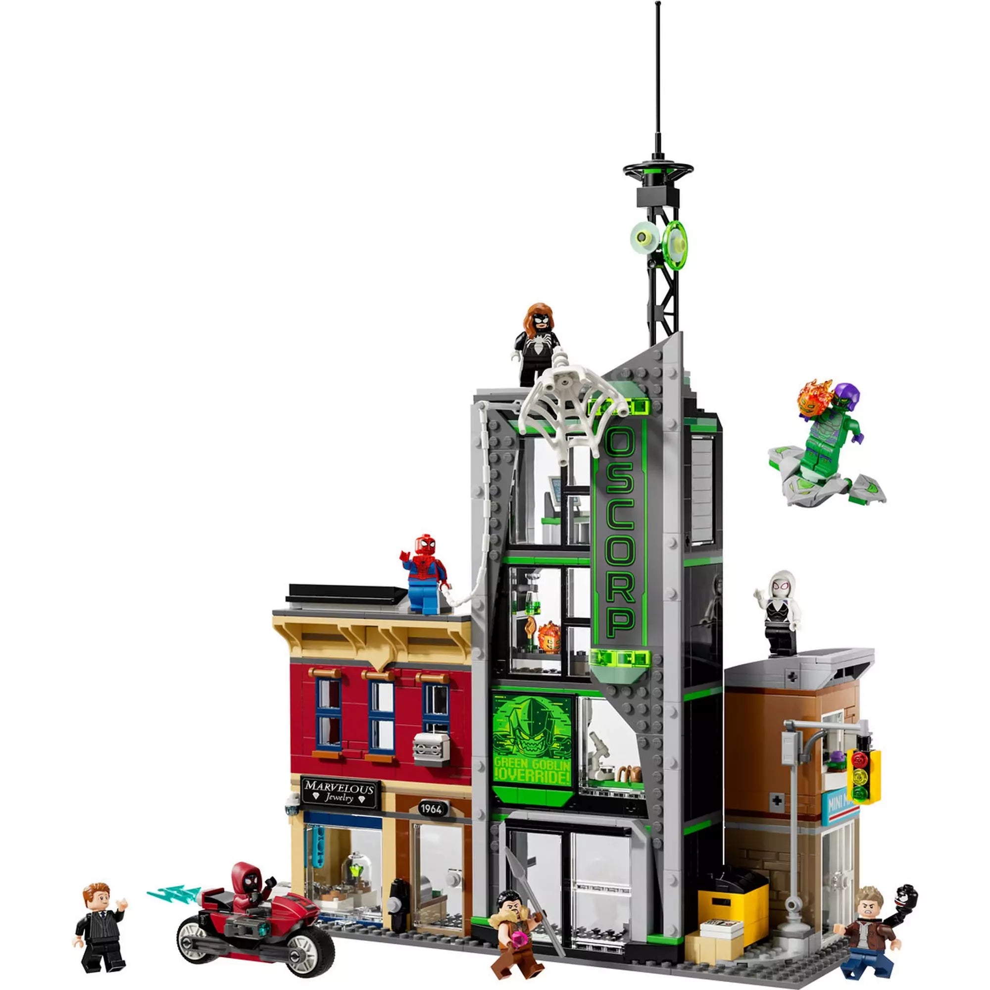 LEGO Marvel Pókember vs. Oscorp (76324) teljes készlet figurákkal, motorral és akciójelenetekkel.