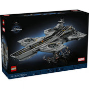 A LEGO Marvel S.H.I.E.L.D. Helicarrier 76354 készlet fekete doboza, rajta a szürke repülő erőd és a Marvel logó.