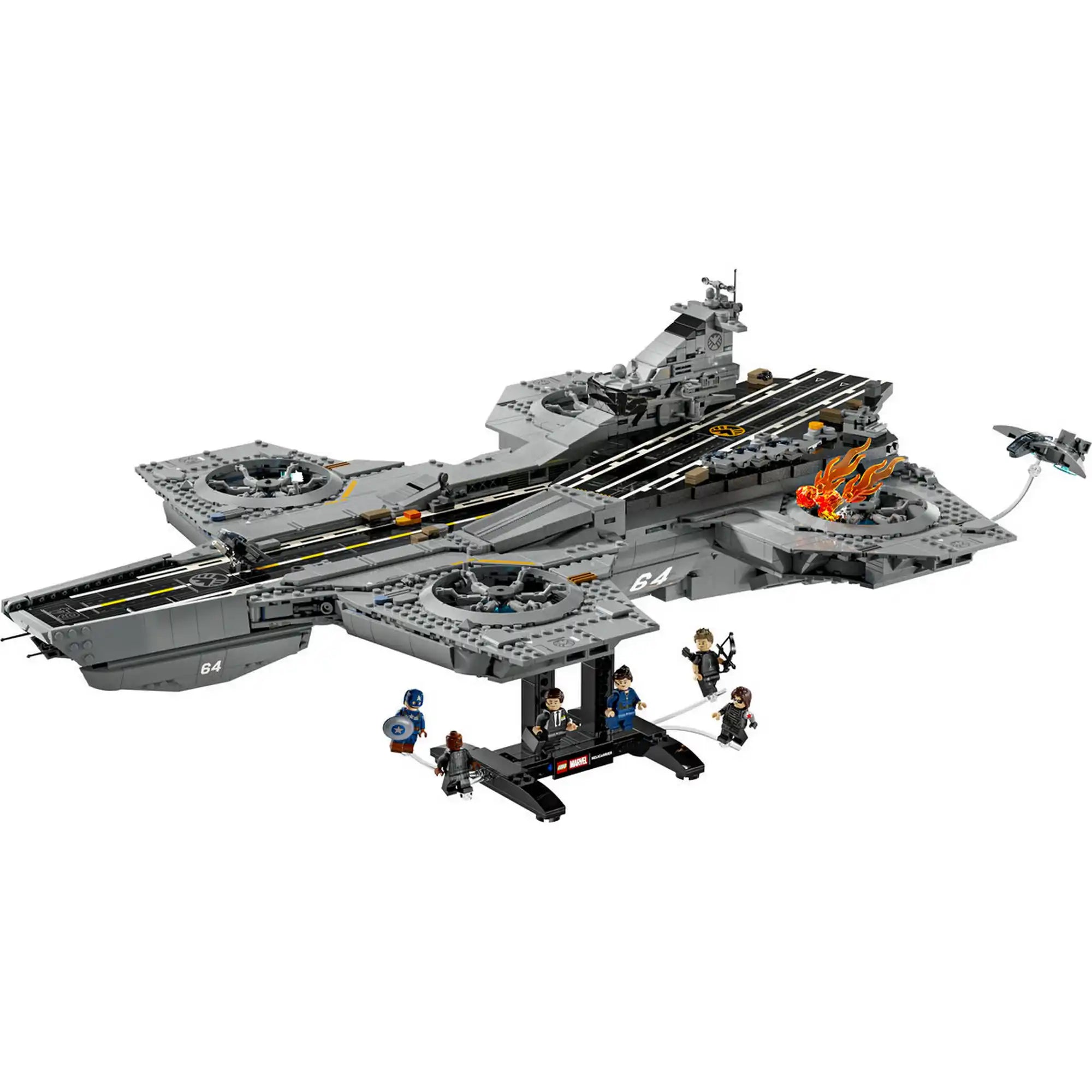 A megépített szürke S.H.I.E.L.D. Helicarrier négy kör alakú hajtóművel, hosszú leszállópályákkal, állvánnyal és minifigurákkal.