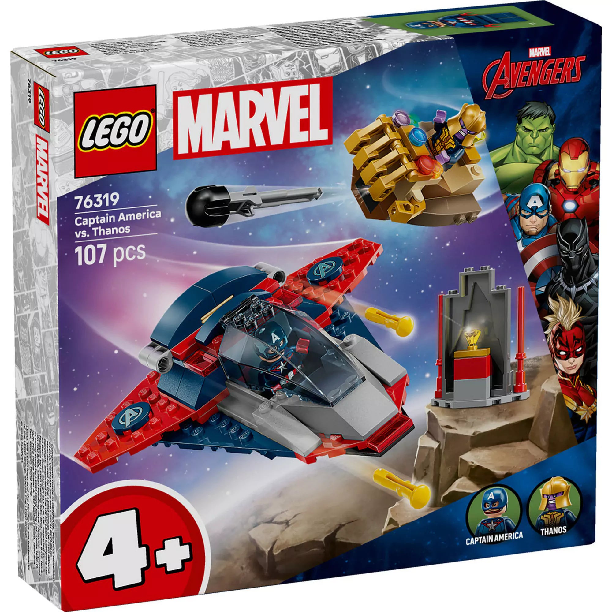  LEGO Marvel Super Heroes: Amerika Kapitány vs. Thanos (76319) készlet doboza, Quinjet űrhajóval és Végtelen Kesztyű alakú járművel.