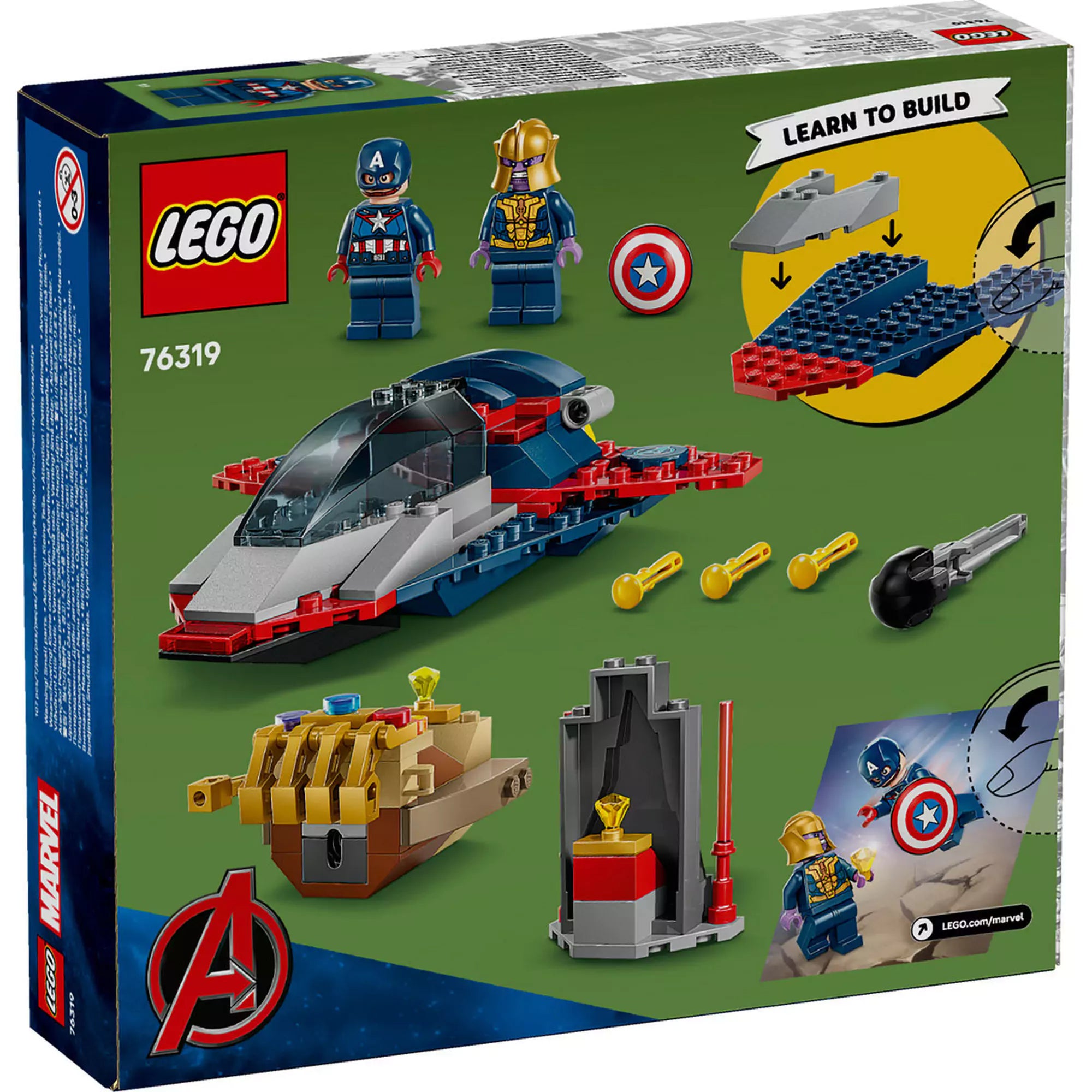  LEGO Marvel Super Heroes: Amerika Kapitány vs. Thanos (76319) doboz hátoldala, a minifigurákkal és a játékelemekkel bemutatva.