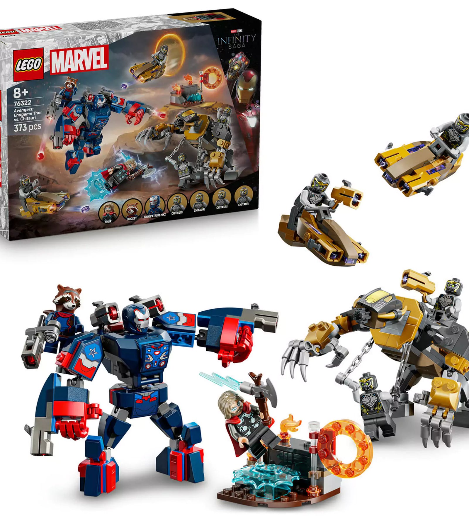 LEGO Marvel Super Heroes: Bosszúállók: Végjáték Thor a chitauri harcosok ellen (76322) teljes készlet dobozzal, figurákkal és járművekkel.