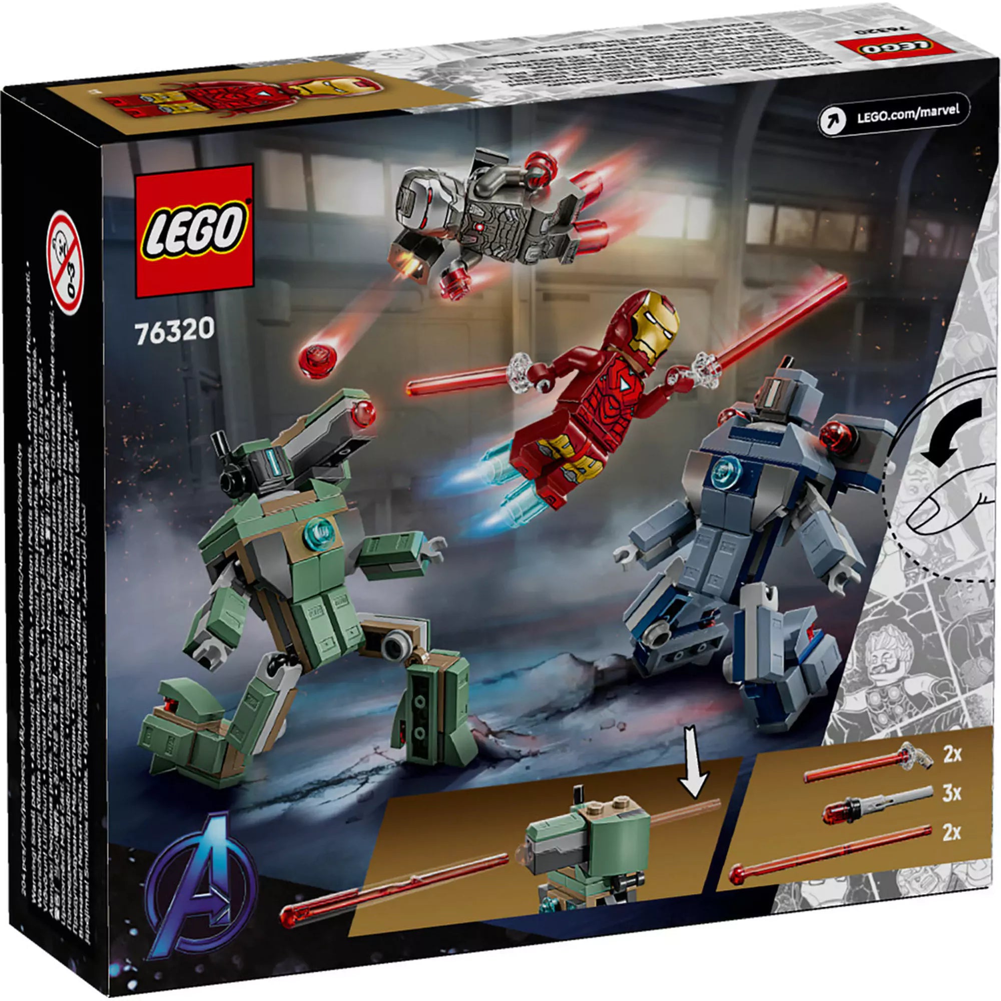LEGO Marvel Super Heroes: Vasember és Hadigép vs. Hammer-drónok (76320) hátoldali dobozkép, mozgatható funkciókkal és fegyverekkel.