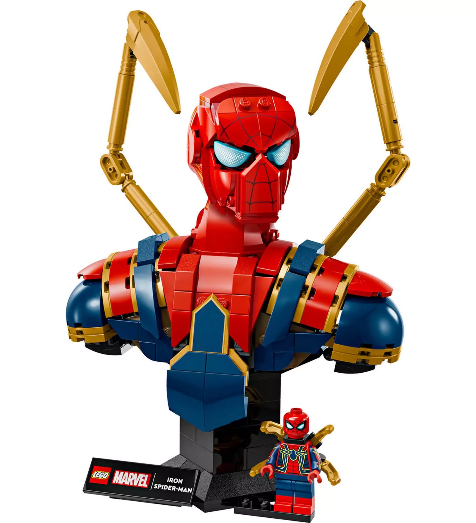 LEGO Marvel Iron Spider-Man mellszobor (76326) termékkép – A készlet hivatalos promóciós képe a mellszoborról és a hozzá tartozó minifiguráról.