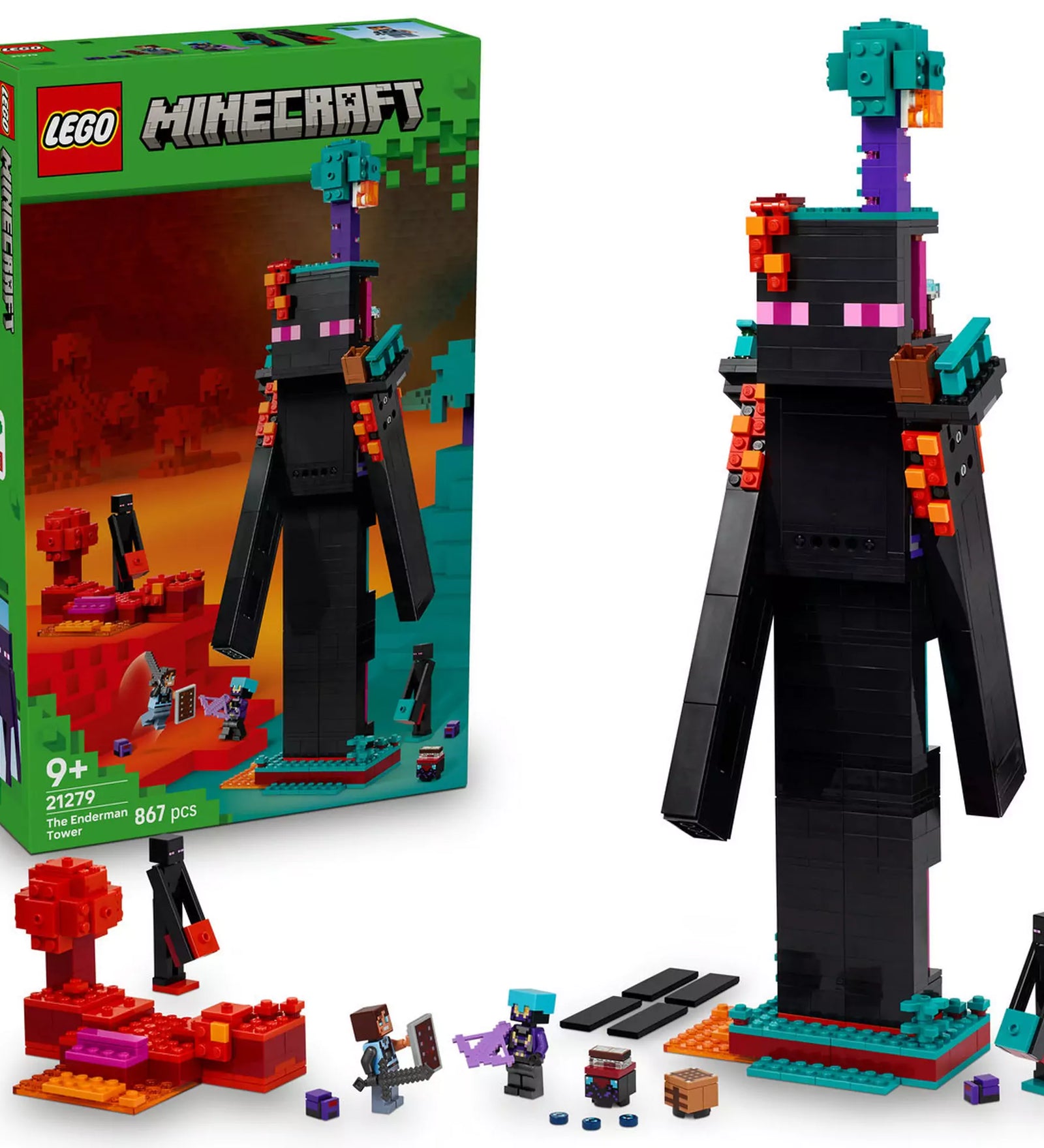 LEGO Minecraft: A Bevégzőtorony (21279) modell és doboz egymás mellett, a karakterek és a moduláris elemek elrendezésével.