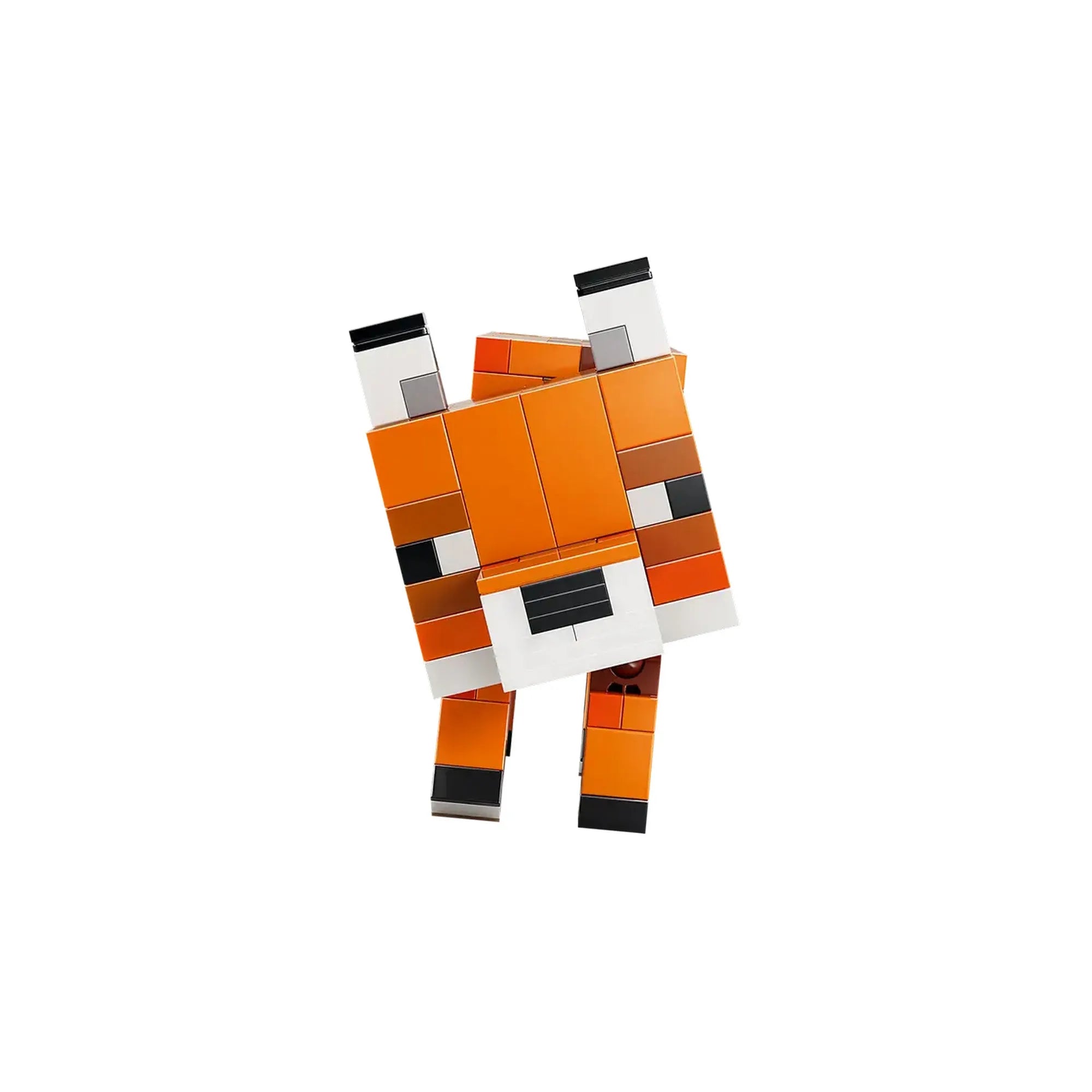 LEGO Minecraft: A róka 21588 megépített róka szemből, pixeles Minecraft stílusban