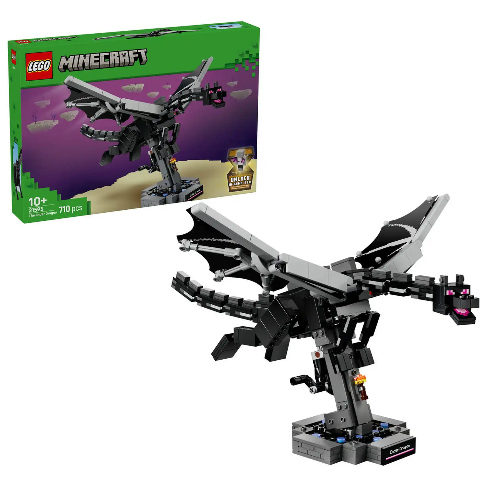 LEGO Minecraft A Végzetsárkány (21595) készlet doboza és a megépített Ender Dragon modell kiállítóállványon.