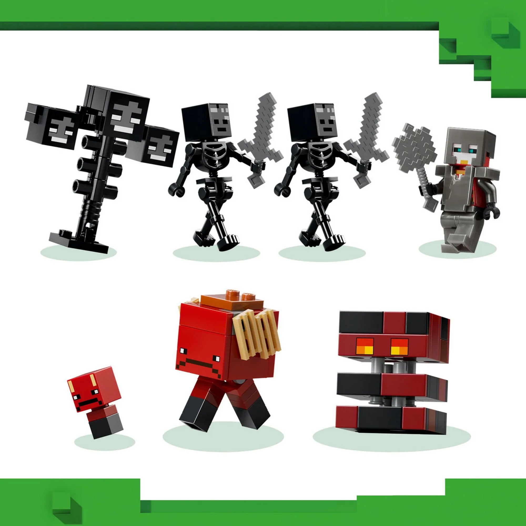 LEGO Minecraft: Csata a Sorvasztókkal 21590 figurák közelről, Sorvasztó, csontvázak és Minecraft szereplők bemutatása.