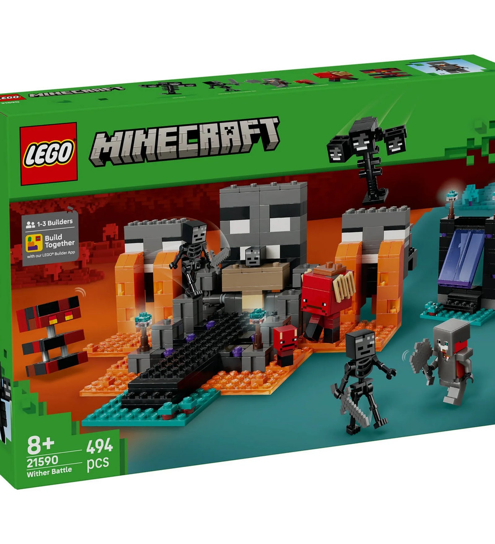 LEGO Minecraft: Csata a Sorvasztókkal 21590 dobozkép, Nether környezetben zajló csatajelenettel és Sorvasztó figurával.
