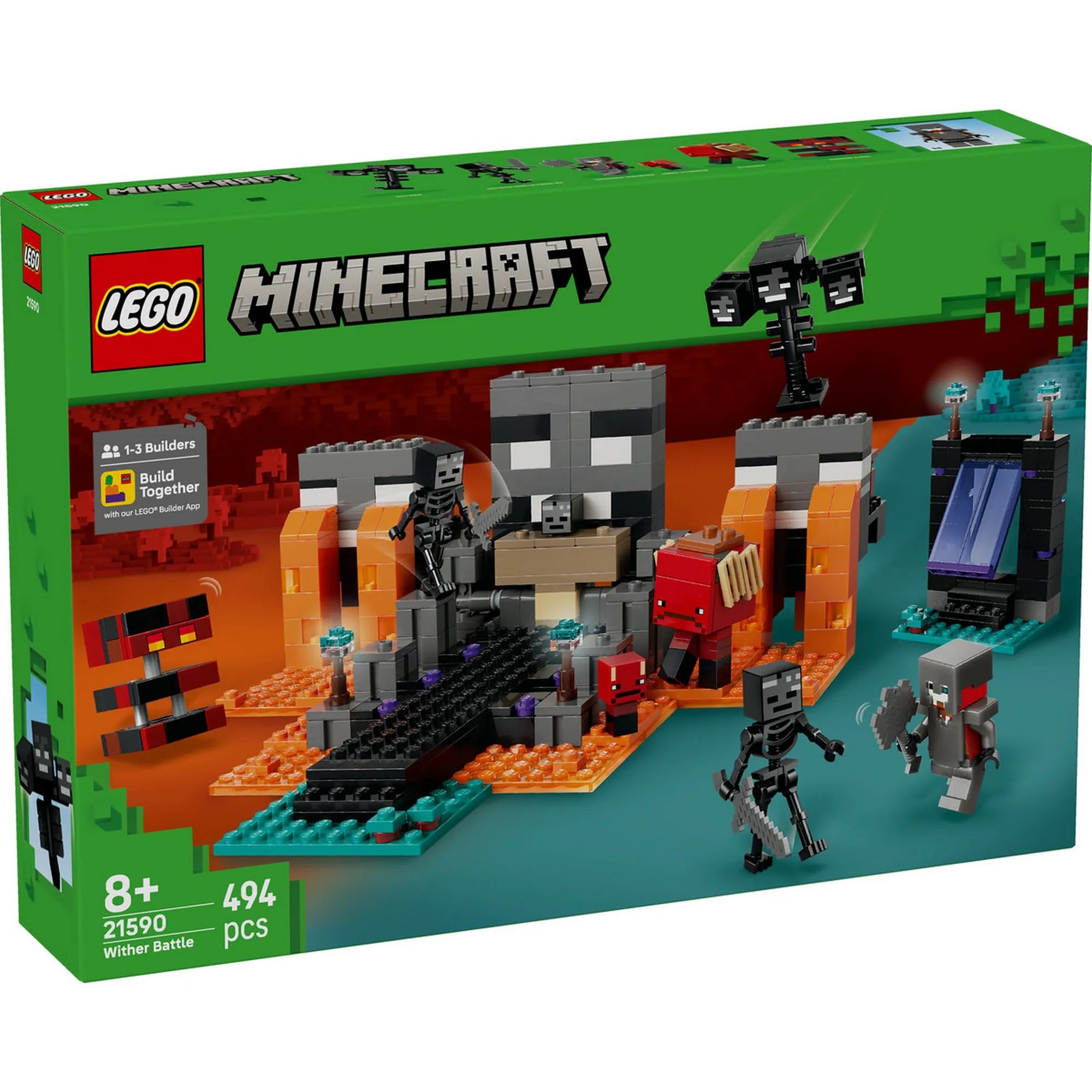 LEGO Minecraft: Csata a Sorvasztókkal 21590 dobozkép, Nether környezetben zajló csatajelenettel és Sorvasztó figurával.
