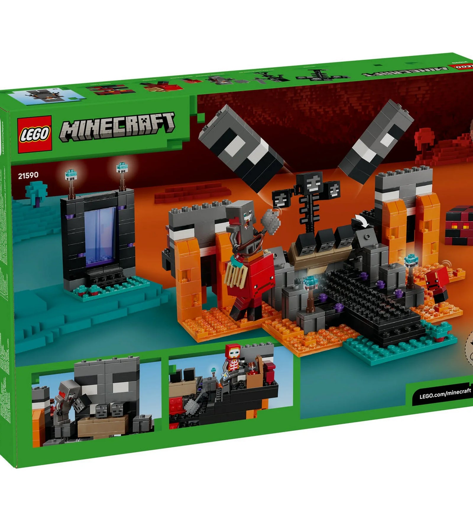 LEGO Minecraft: Csata a Sorvasztókkal 21590 doboz hátoldala, megépített Minecraft jelenetekkel és játékfunkciókkal.