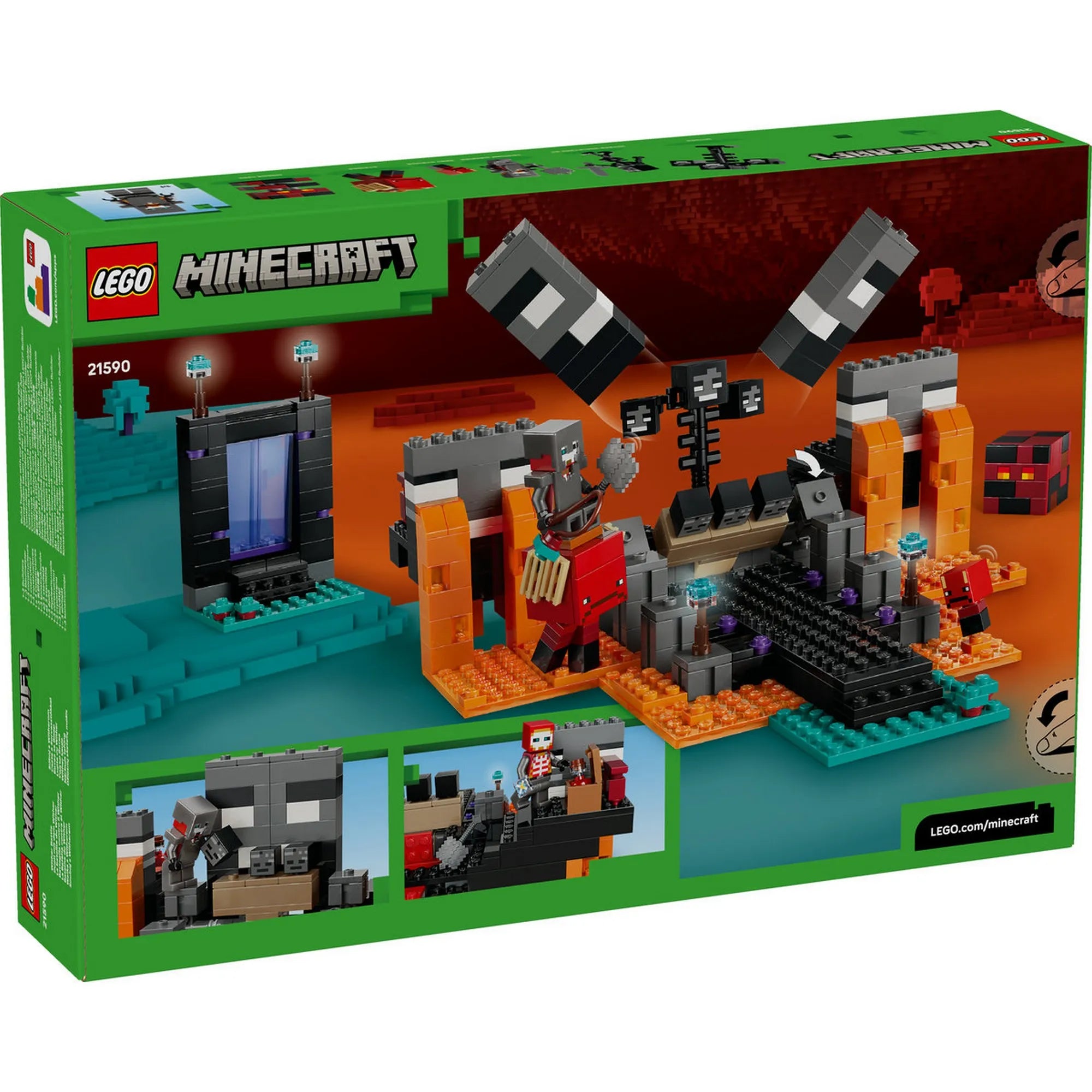 LEGO Minecraft: Csata a Sorvasztókkal 21590 doboz hátoldala, megépített Minecraft jelenetekkel és játékfunkciókkal.