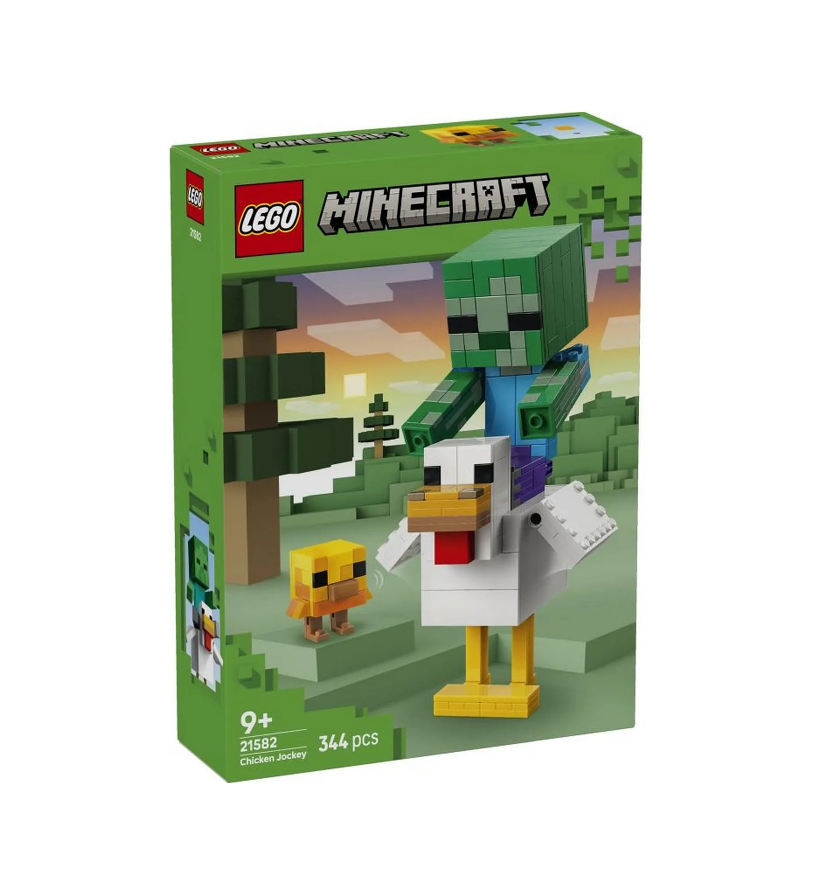 A LEGO Minecraft: Chicken Jockey 21582 készlet dobozának eleje a Zombi, a Csirke és a Csibe figuráival.