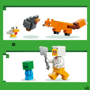 LEGO Minecraft: Csirkefarm 21585 figurái és állatai, csirke, róka és zombibébi részletezve