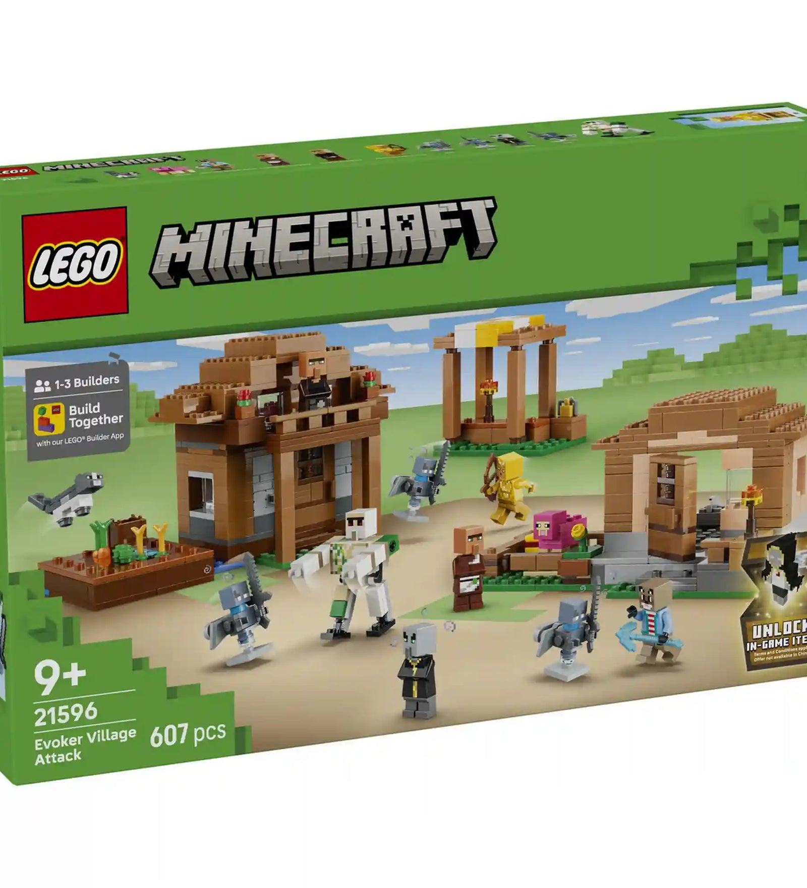 LEGO Minecraft Idézőtámadás a faluban 21596 dobozkép 607 elemes készlettel, falusi házakkal, vasgólemmel és ellenséges lényekkel.