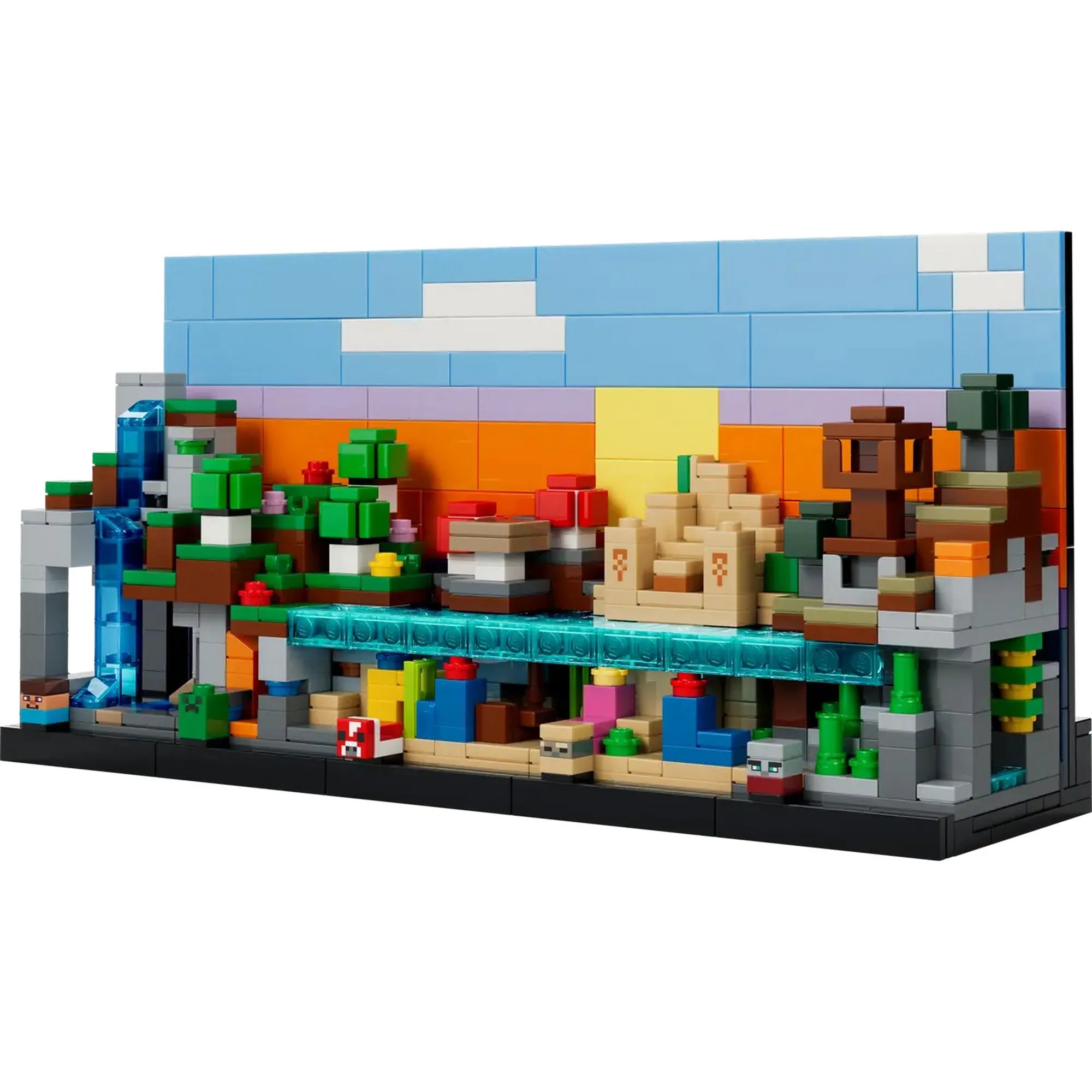 LEGO Minecraft: Minibiomok 21589 teljesen megépítve, több különálló Minecraft biommal.
