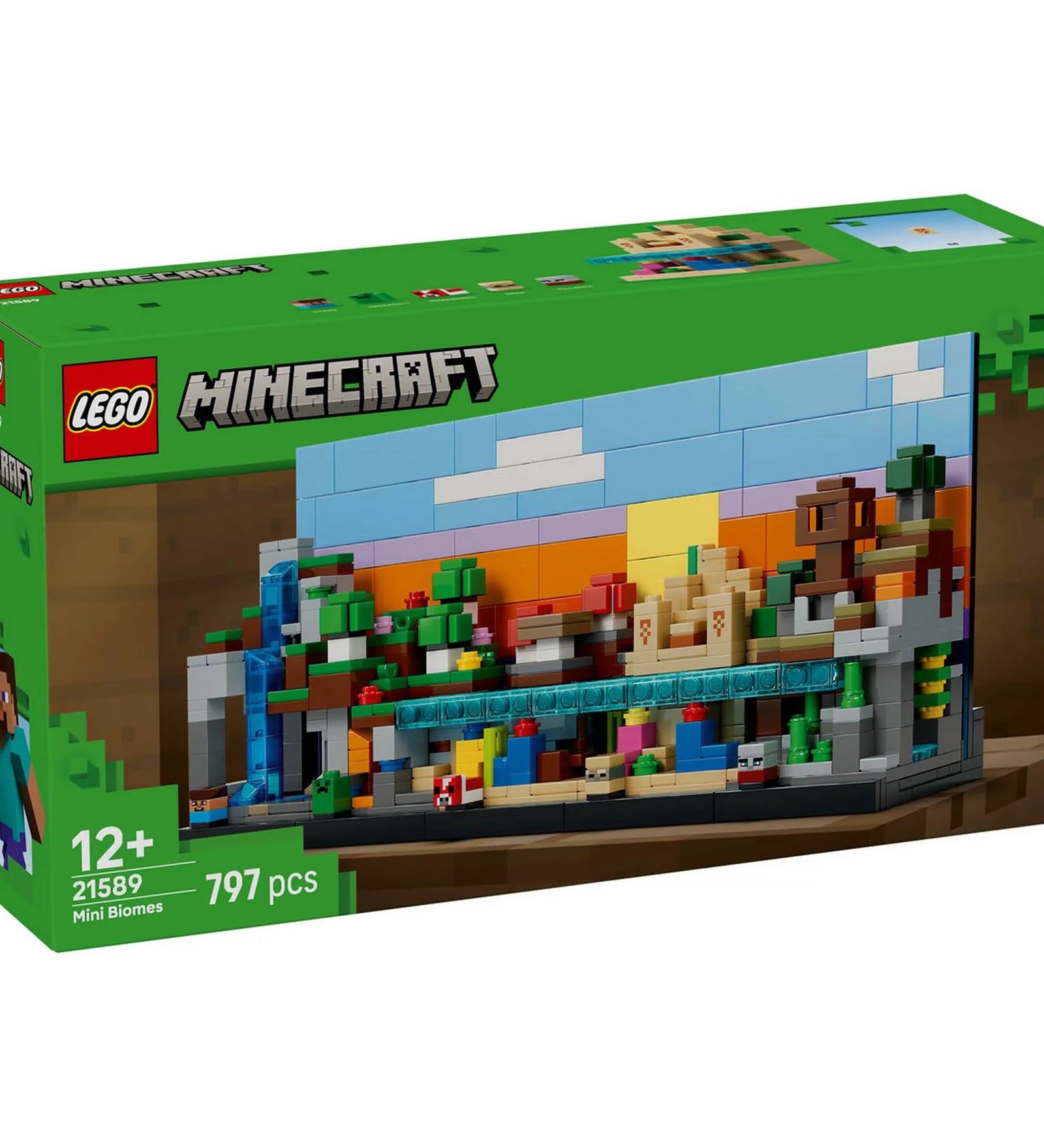 LEGO Minecraft: Minibiomok 21589 készlet doboza, színes Minecraft minibiomokkal.