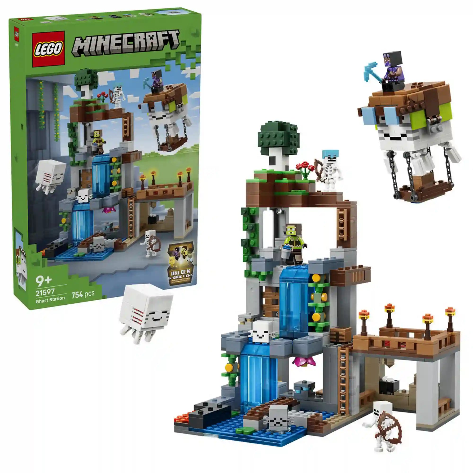LEGO Minecraft Szellemkikötő (21597) készlet doboza és a megépített barlangi jelenet. A vízeséses építmény mellett több Minecraft figura, csontvázak, szellemek és egy repülő szellemléghajó látható.