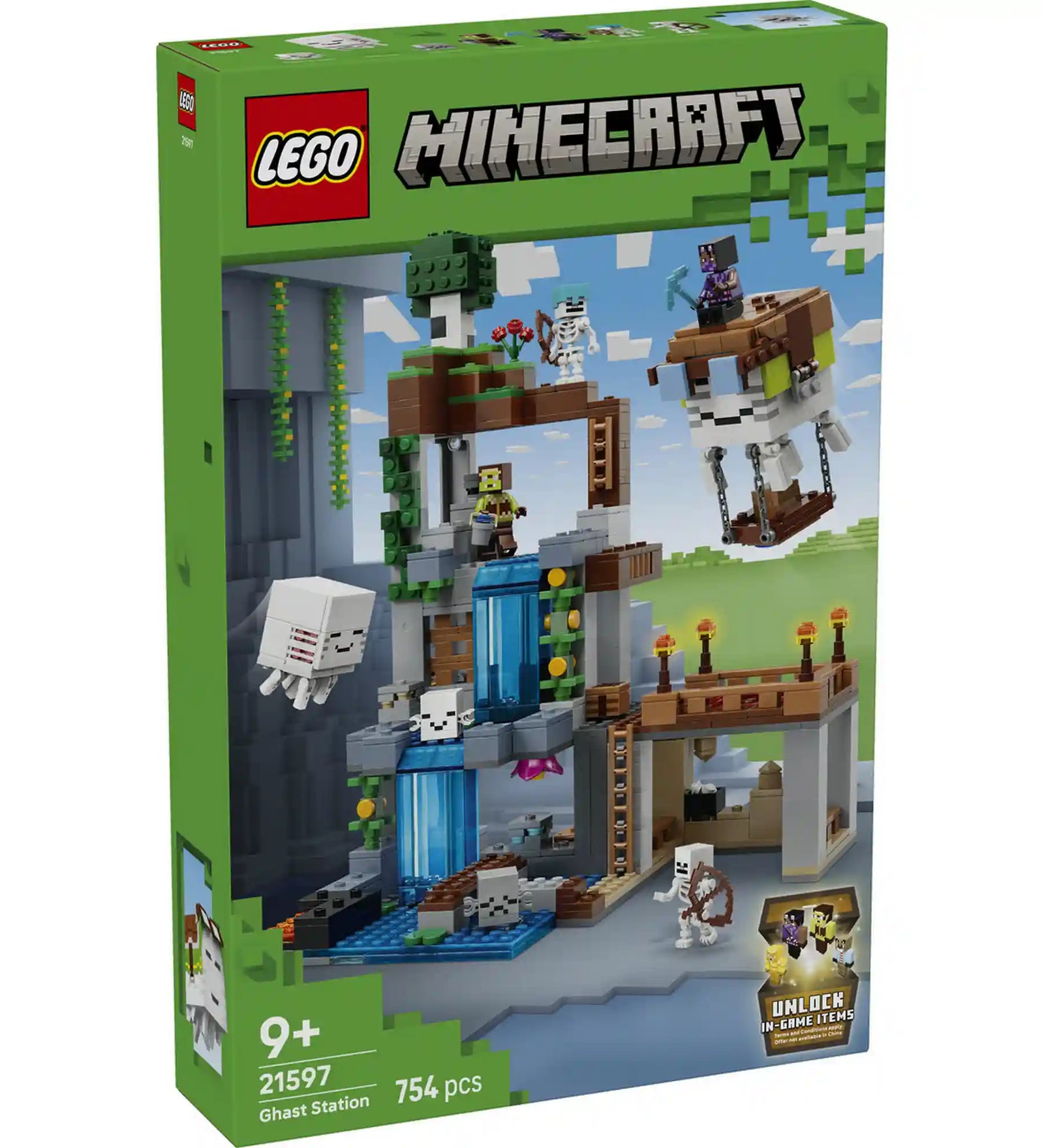 LEGO Minecraft Szellemkikötő (21597) készlet doboza elölnézetből. A csomagolás a 754 elemes Minecraft kalandkészletet és a játékbeli bónusz tartalom lehetőségét mutatja be.