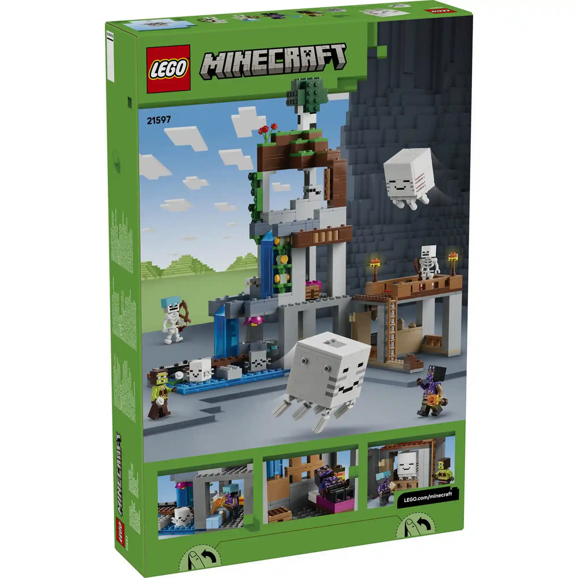 A LEGO Minecraft Szellemkikötő (21597) készlet hátoldala, amely bemutatja a játéklehetőségeket, a karaktereket és a Minecraft világából ismert interaktív funkciókat.