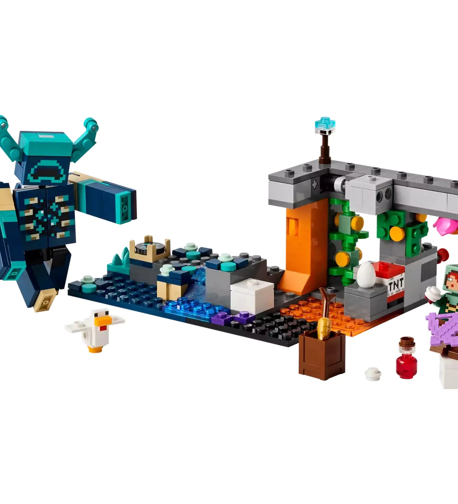A LEGO Minecraft Találkozás az Őrzővel készlet teljesen összeállítva, benne barlang, víz, TNT-blokk, mozgatható csapda, kalandor és Őrző figura.