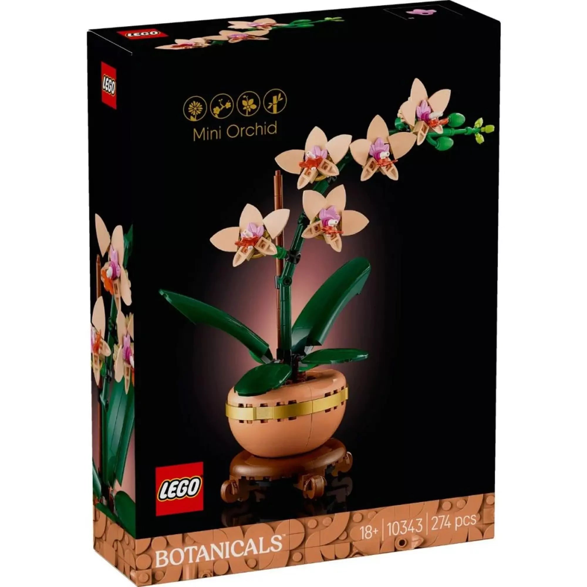 A LEGO Botanicals 'Mini Orchidea' készlet doboza, amely a kész modell elegáns megjelenését mutatja be, ideális ajándék vagy lakásdekoráció céljából.

