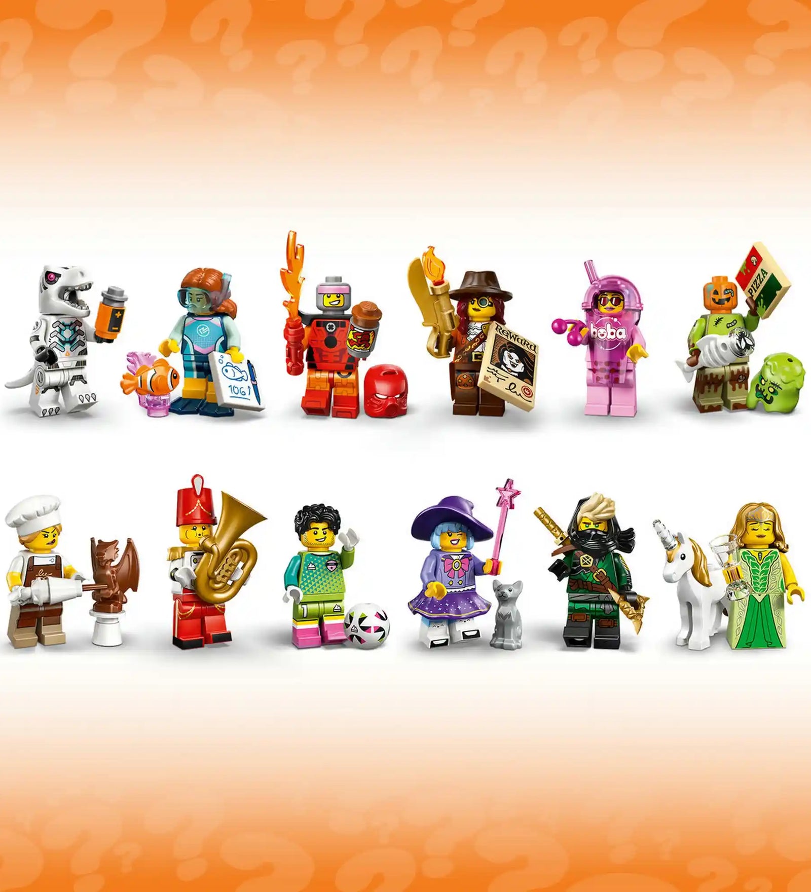 LEGO minifigurine: 29. sorozat 71052, 8 darabos – teljes kollekció, különböző minifigurák két sorban bemutatva.