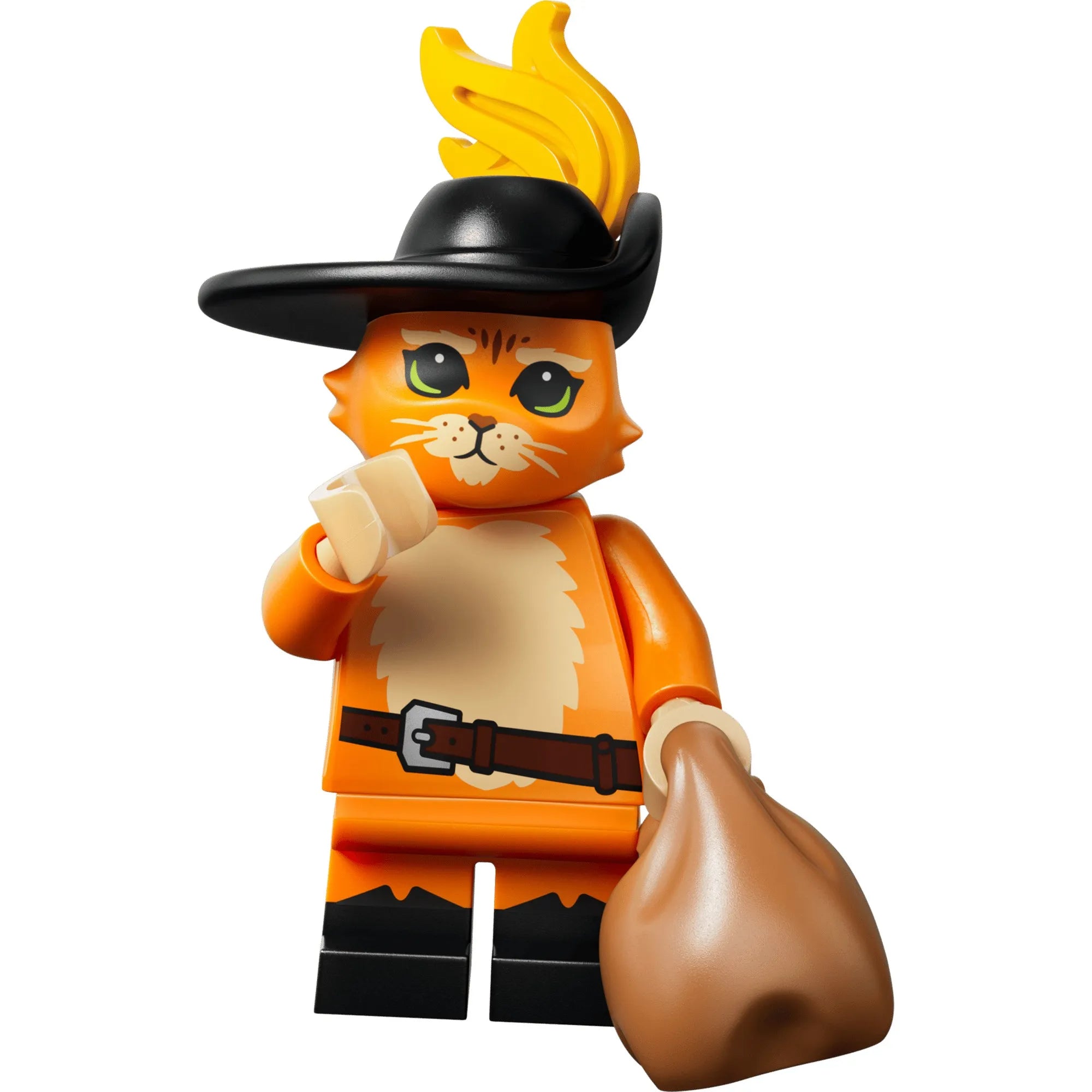LEGO Csizmás Kandúr minifigura kalappal és zsákkal a Shrek-sorozatból