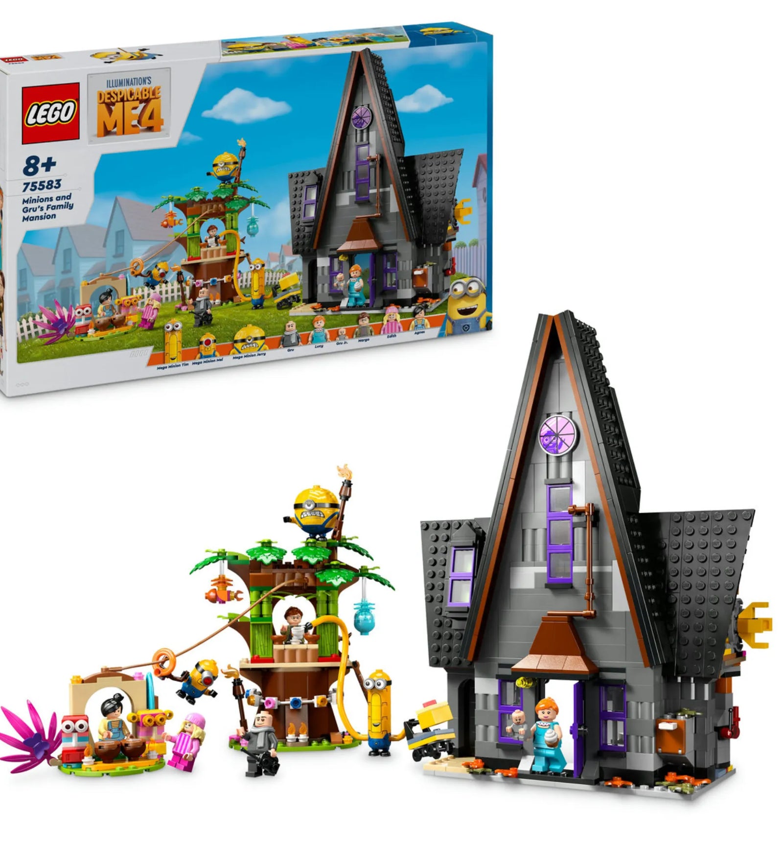 LEGO Minions 75583 dobozkép – Gru családi háza és a lányok lombháza részletes megépíthető változatban, 868 elemmel, 8 éves kortól.