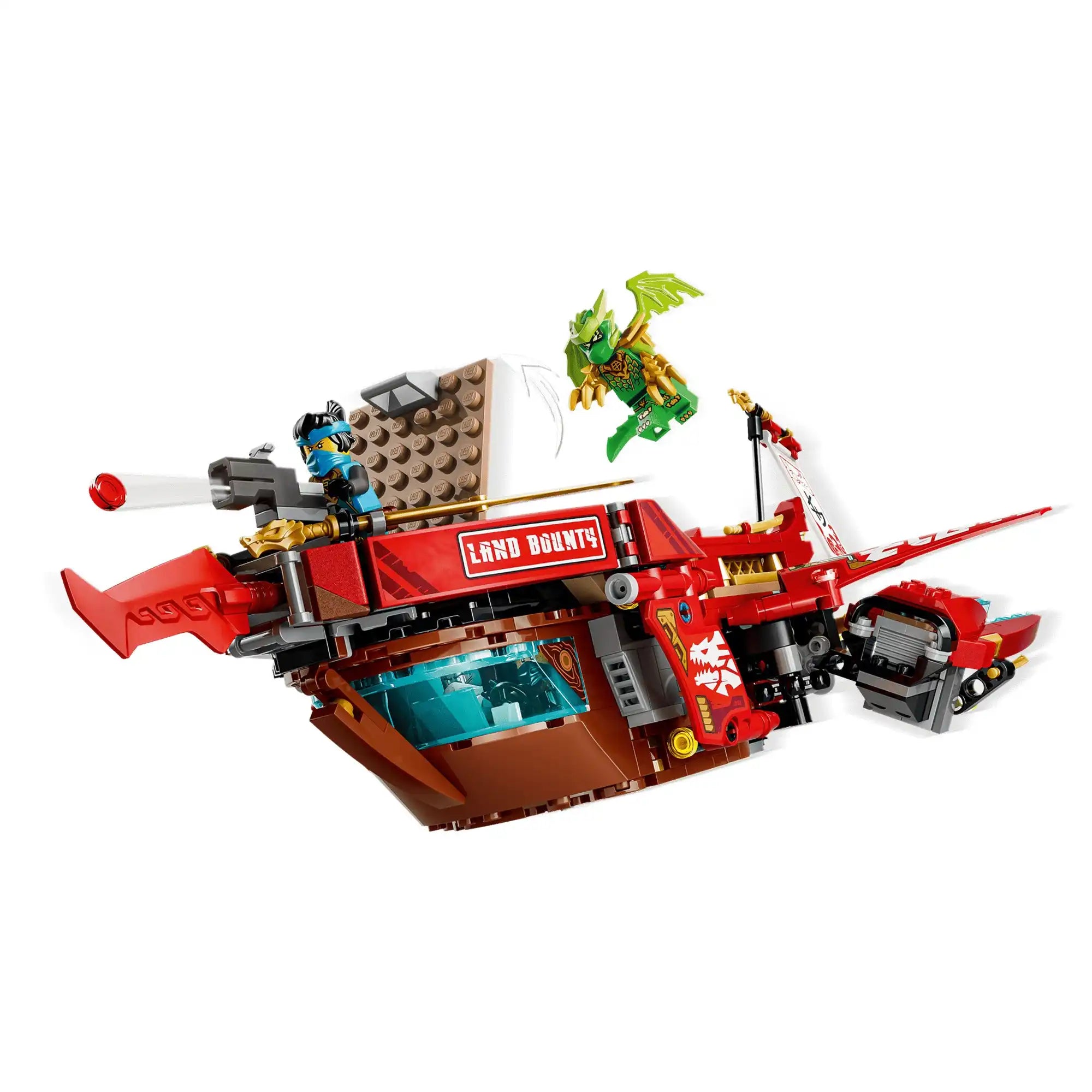 LEGO NINJAGO 71869 készlet repülő hajóvá alakított része akció közben, korongvetővel és Lloyd figurájával.