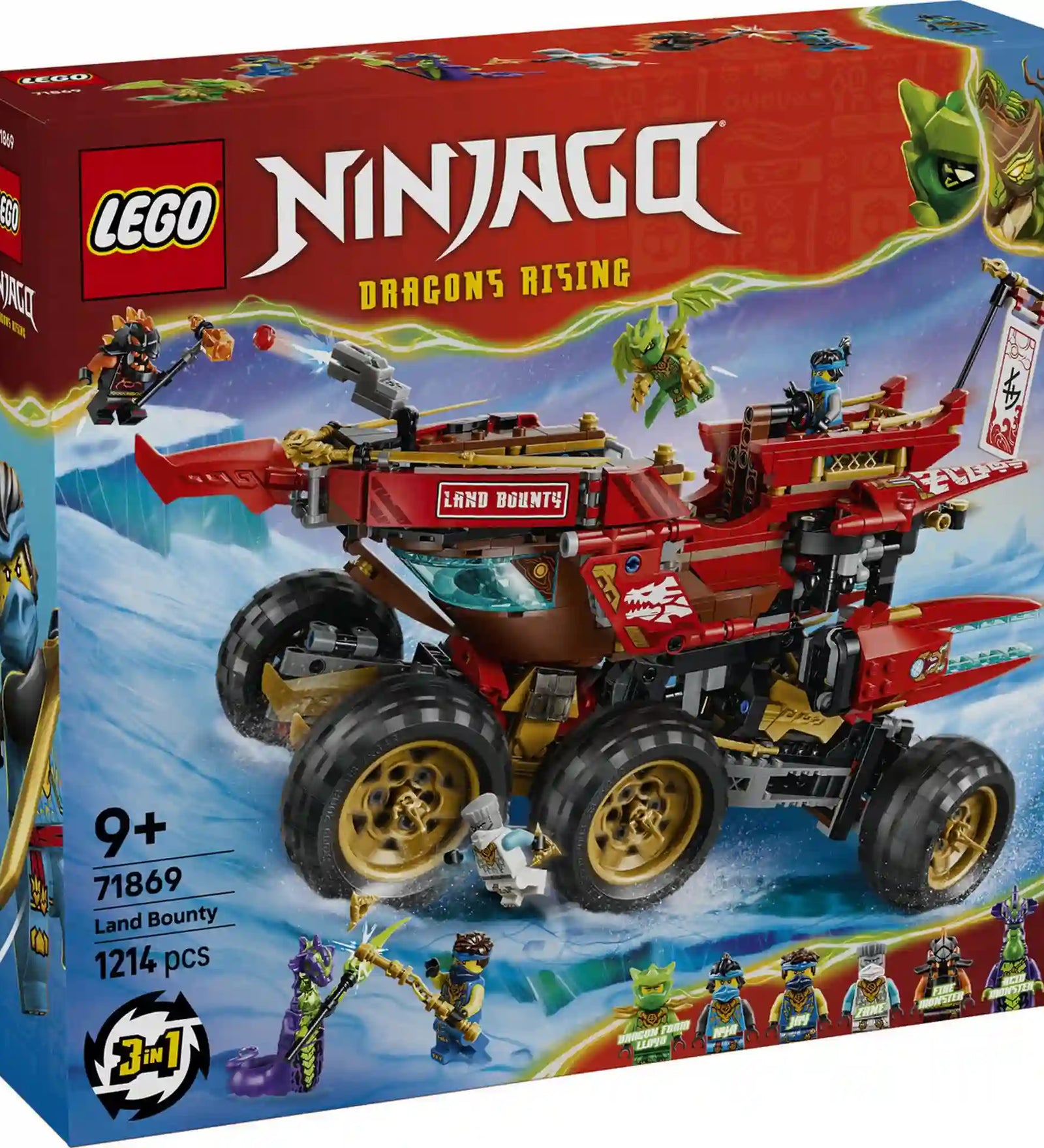 LEGO NINJAGO Dragons Rising A föld adománya 71869 készlet dobozképe a hatalmas vörös harci járművel és a szereplő minifigurákkal.