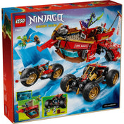 LEGO NINJAGO Dragons Rising A föld adománya 71869 készlet hátoldali dobozképe, amely bemutatja a 3 az 1-ben funkciókat és a jármű átalakításait.