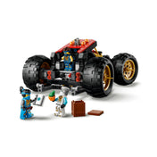 LEGO NINJAGO A föld adománya 71869 terepjáró homokfutó modellje hatalmas kerekekkel, Jay és Zane minifigurákkal.