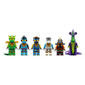 LEGO NINJAGO 71869 készlet hat minifigurája: Lloyd, Jay, Nya, Zane, Maró szörny és Tűzszörny részletgazdag páncélokkal és fegyverekkel.