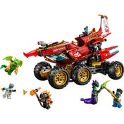 LEGO NINJAGO A föld adománya 71869 készlet vörös színű 3 az 1-ben járművel, hat minifigurával és hatalmas aranyszínű kerekekkel fehér háttéren.