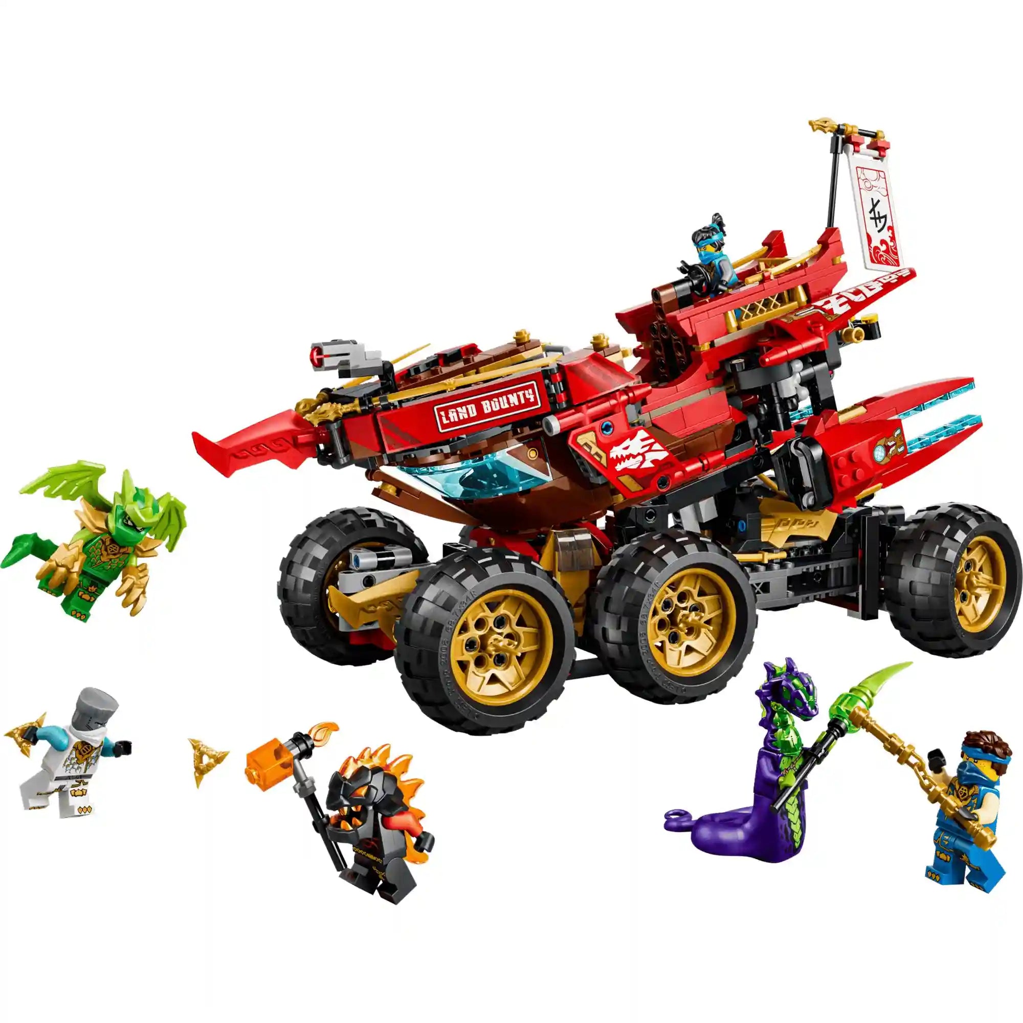 LEGO NINJAGO A föld adománya 71869 készlet vörös színű 3 az 1-ben járművel, hat minifigurával és hatalmas aranyszínű kerekekkel fehér háttéren.