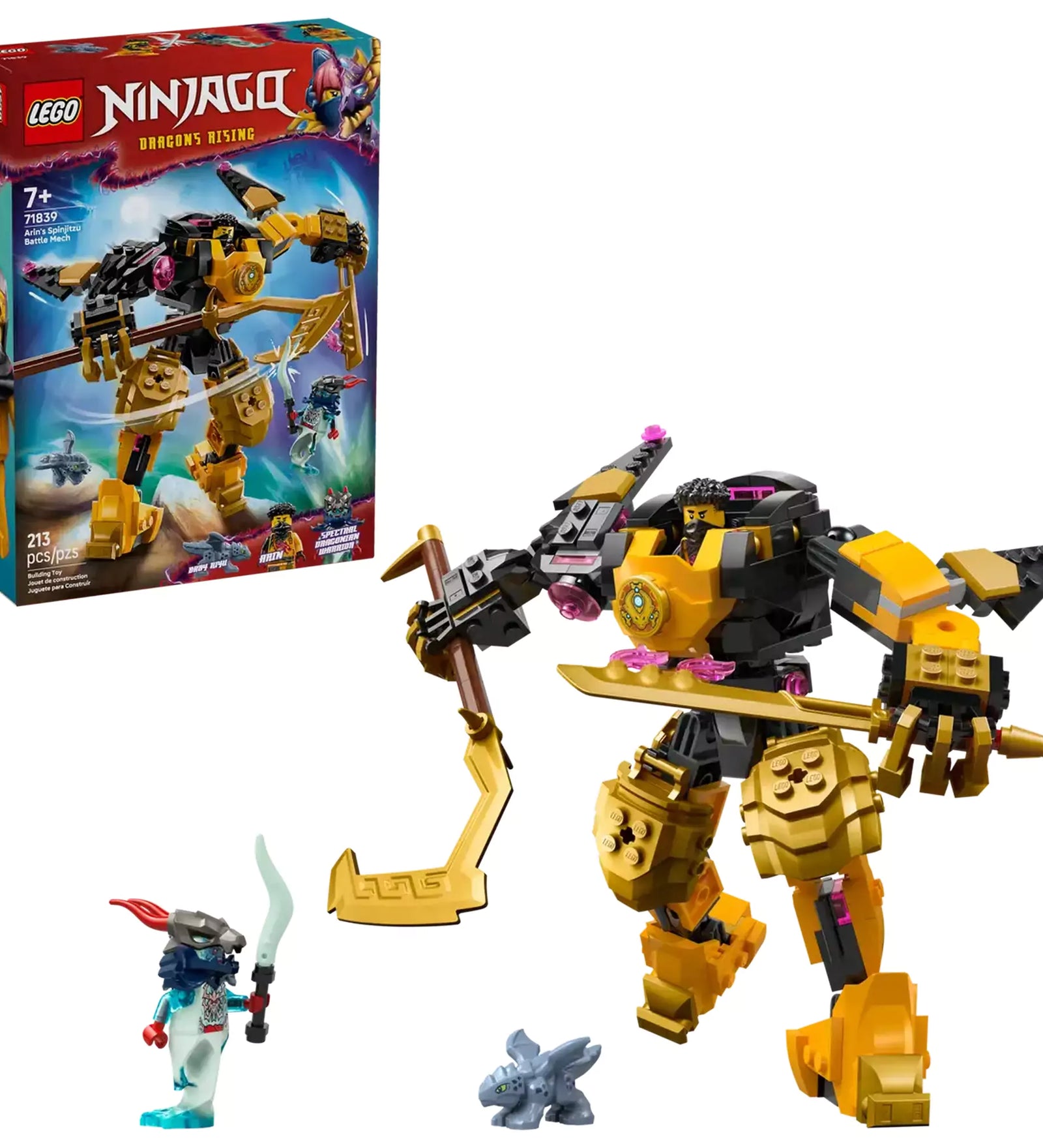 LEGO Ninjago: Arin Spinjitzu harci robotja (71839) doboza és a teljes készlet megépítve, a robot, minifigurák és kiegészítők együtt láthatók.