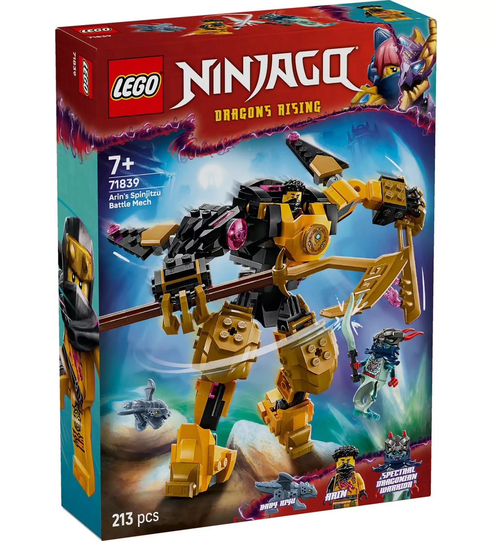 LEGO Ninjago: Arin Spinjitzu harci robotja (71839) készlet színes doboza, középpontban a sárga-fekete harci robottal és minifigurákkal.