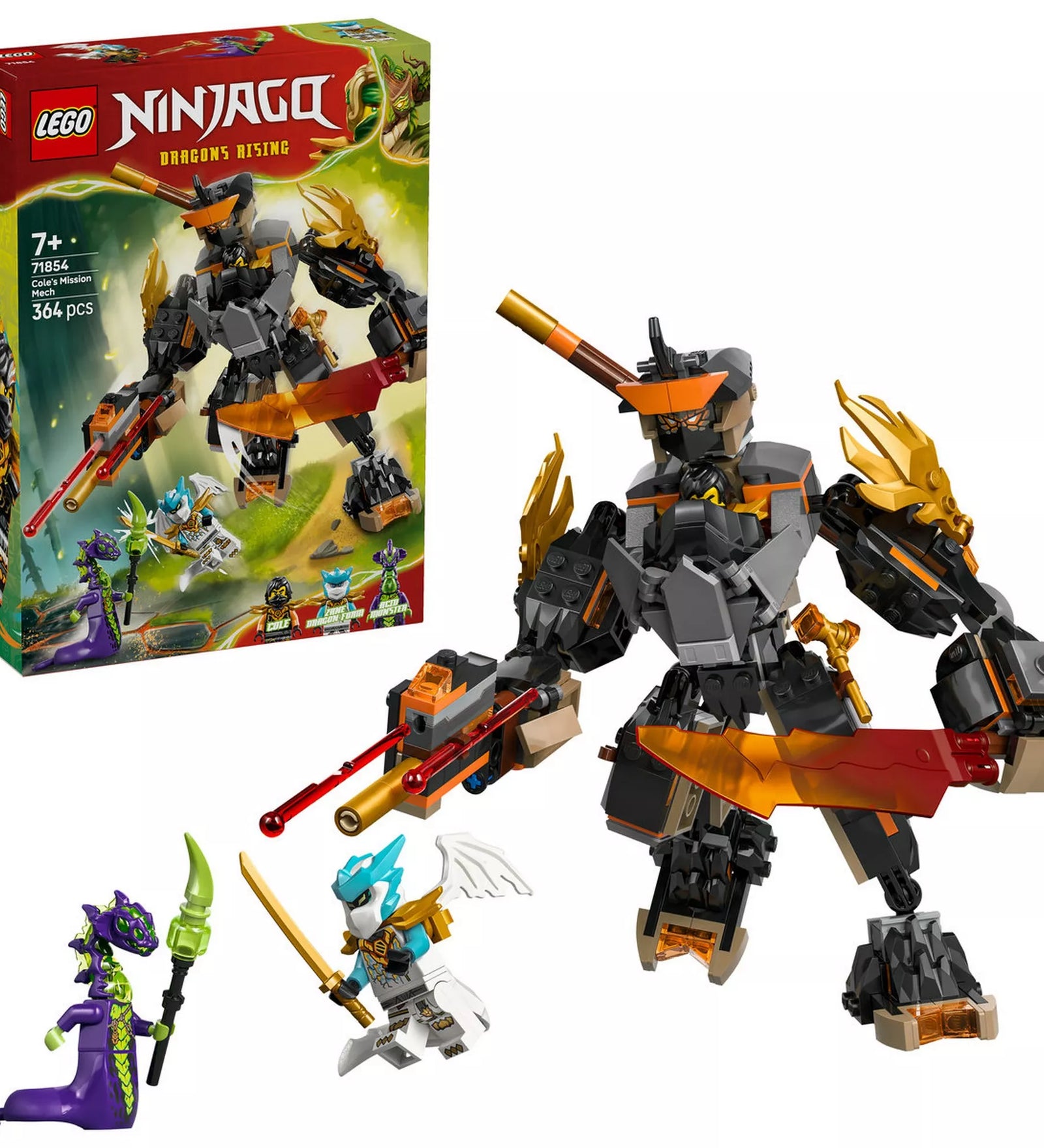 A LEGO NINJAGO 71854 készlet tartalma a dobozzal együtt, fegyverekkel és figurákkal semleges háttéren.
