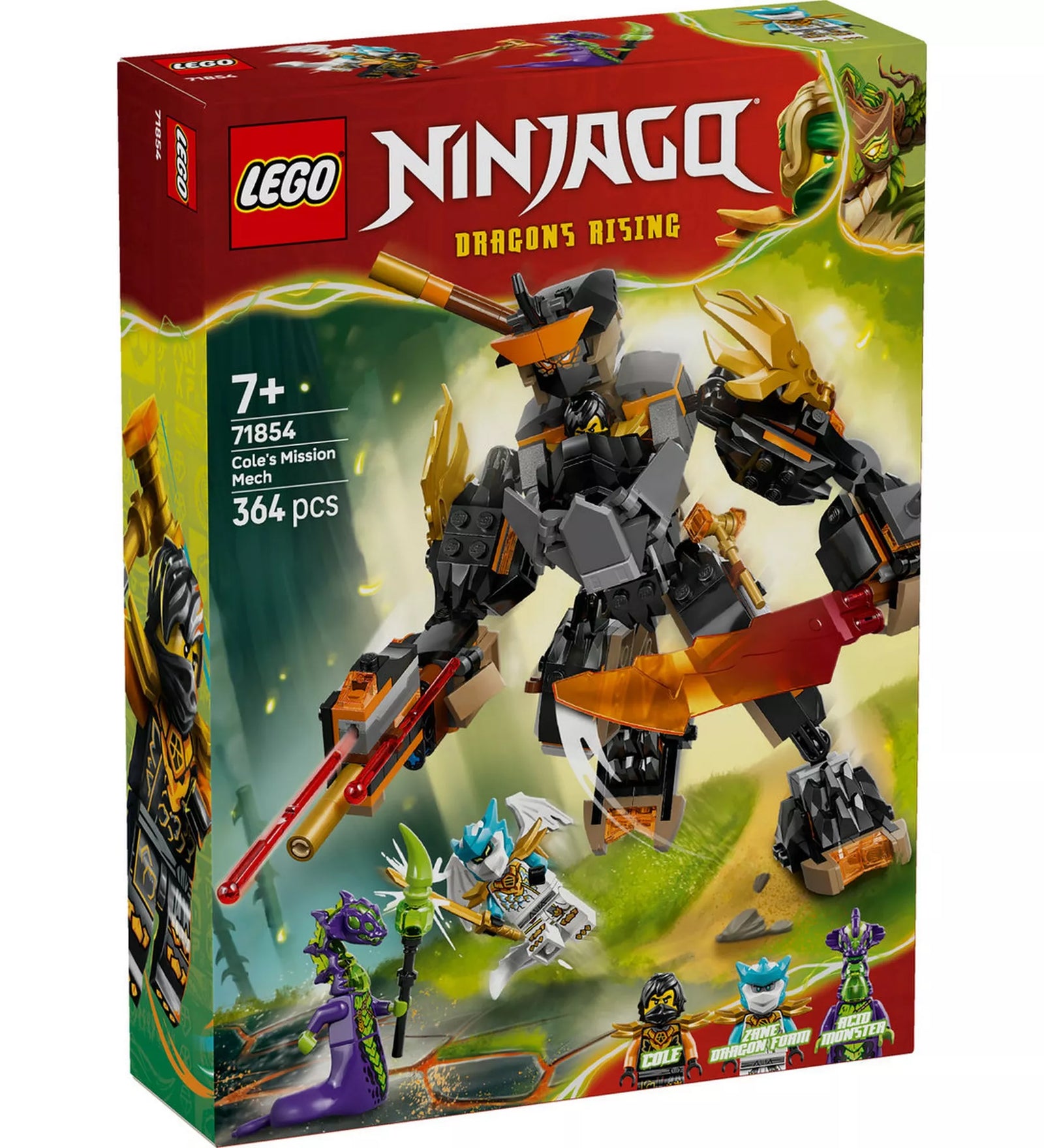 LEGO NINJAGO 71854 Cole’s Mission Mech dobozának elölnézete, a nagyméretű mech és az akciójelenet ábrázolásával.