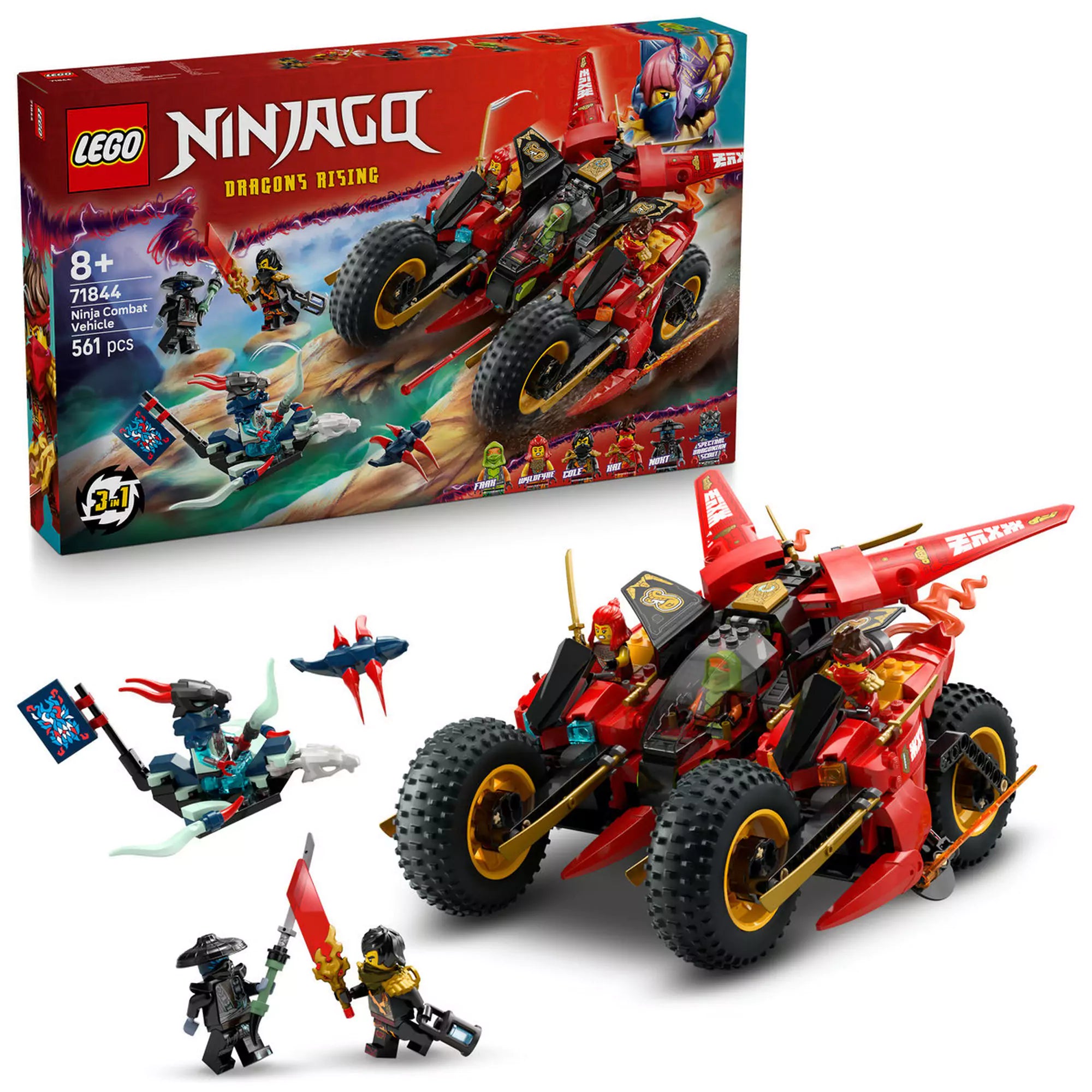 LEGO Ninjago: Harci nindzsajármű 71844 doboz és a teljesen összeállított jármű, körülötte a minifigurákkal.