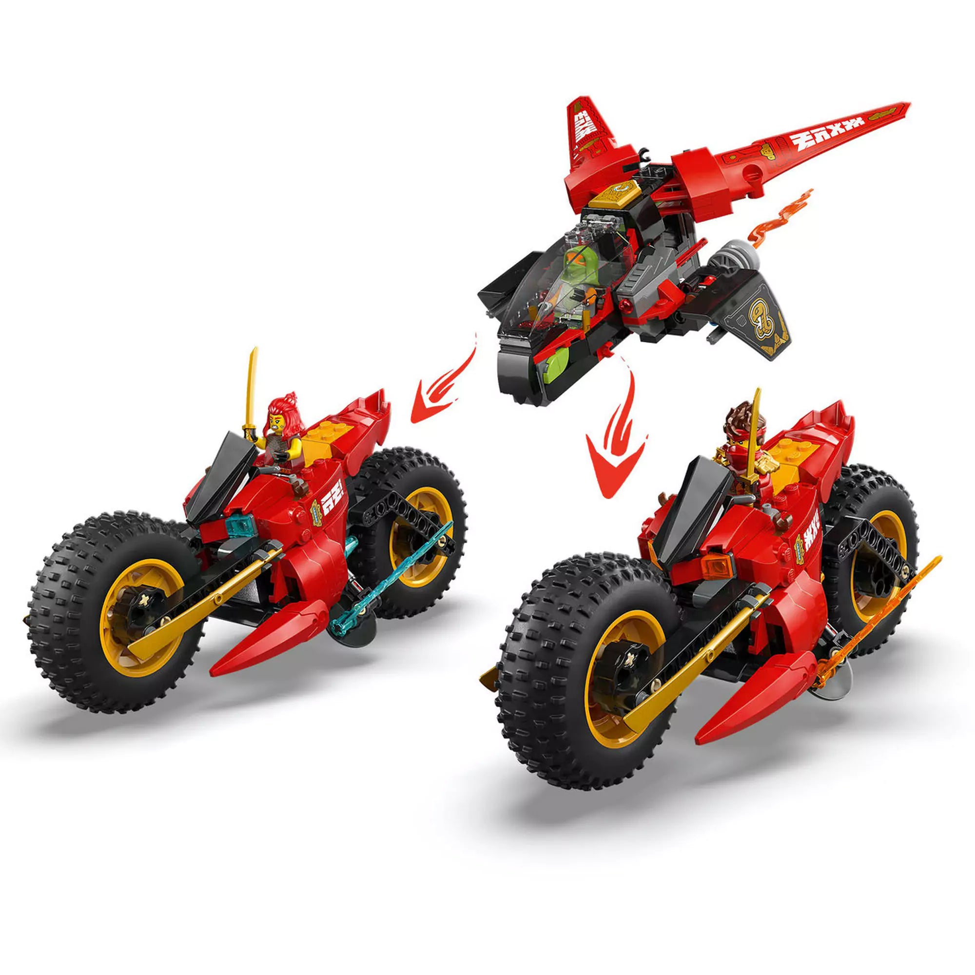A LEGO Ninjago: Harci nindzsajármű 71844 készlet három járműre bontva: két motor és egy sugárhajtású repülő.