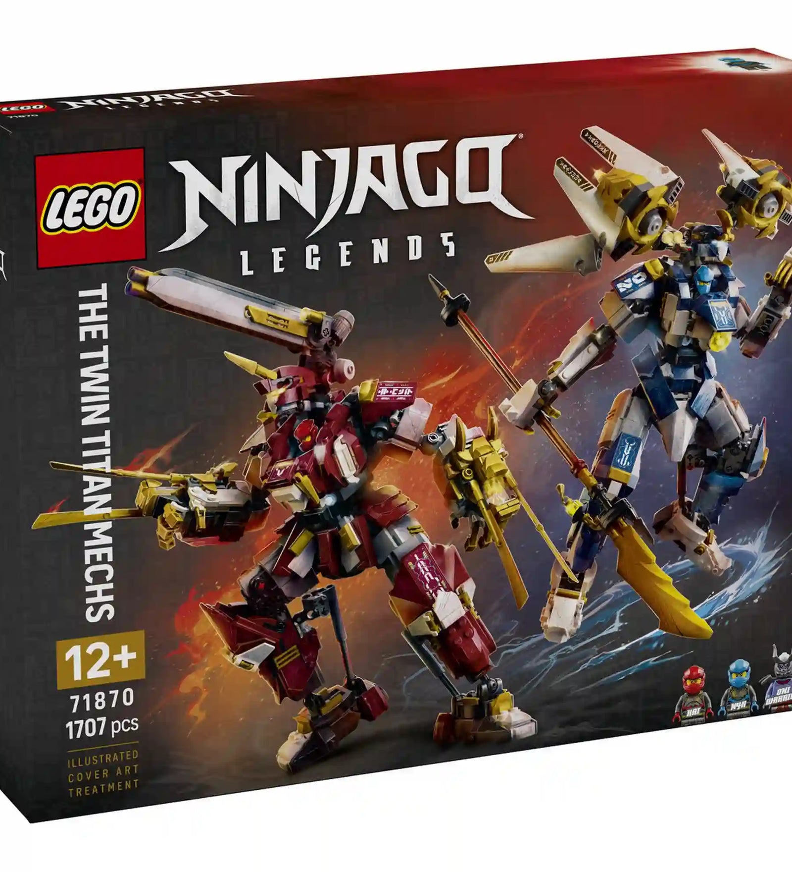 LEGO NINJAGO Legends Iker titánpáncélok 71870 készlet dobozképe Kai és Nya hatalmas robotpáncéljaival egy epikus összecsapás közepén.