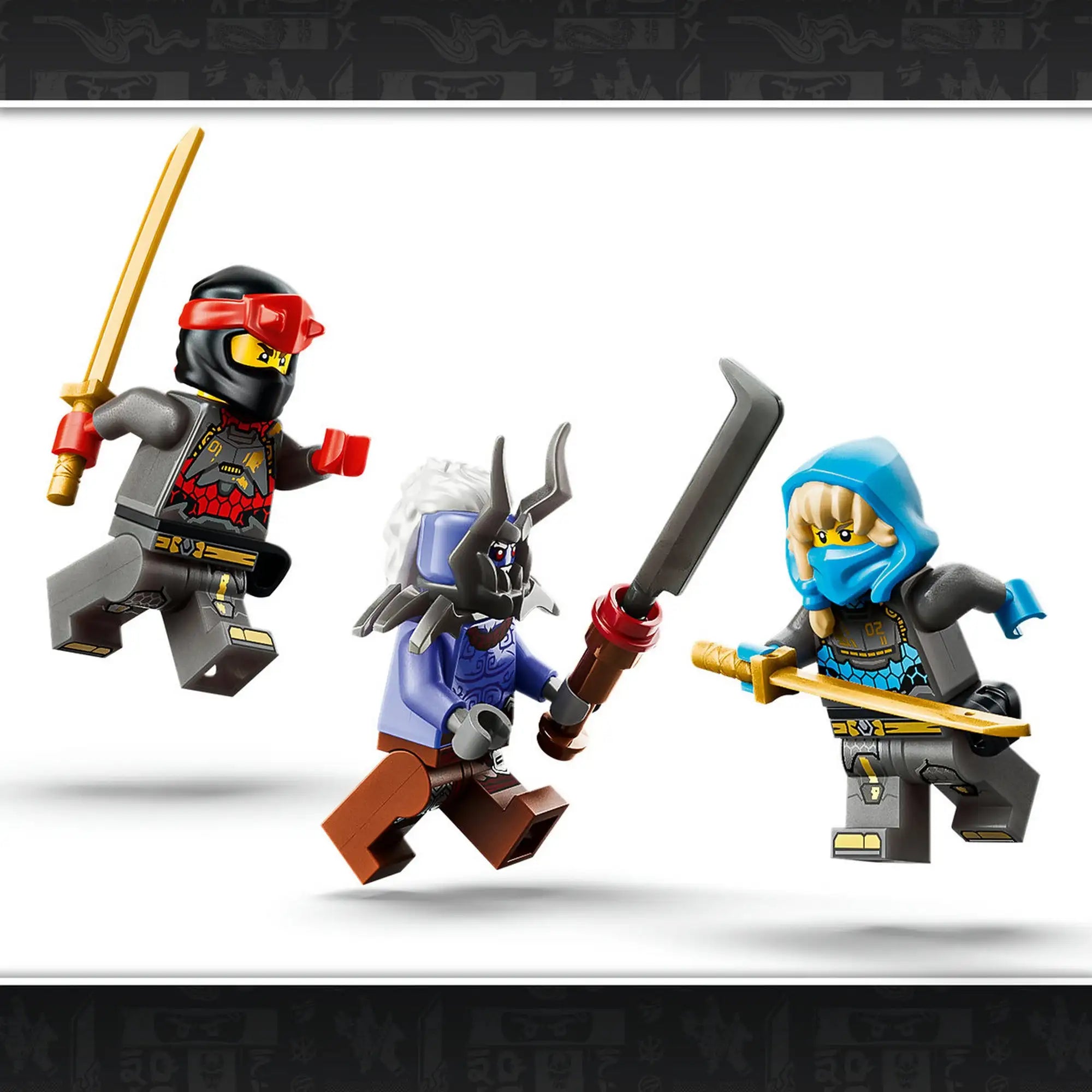 LEGO NINJAGO 71870 minifigurák akciójelenetben, ahol Kai és Nya az Oni harcossal vív látványos csatát.