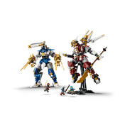 LEGO NINJAGO 71870 készlet Kai és Nya titánpáncél robotjaival, valamint a hozzájuk tartozó minifigurákkal és fegyverekkel.