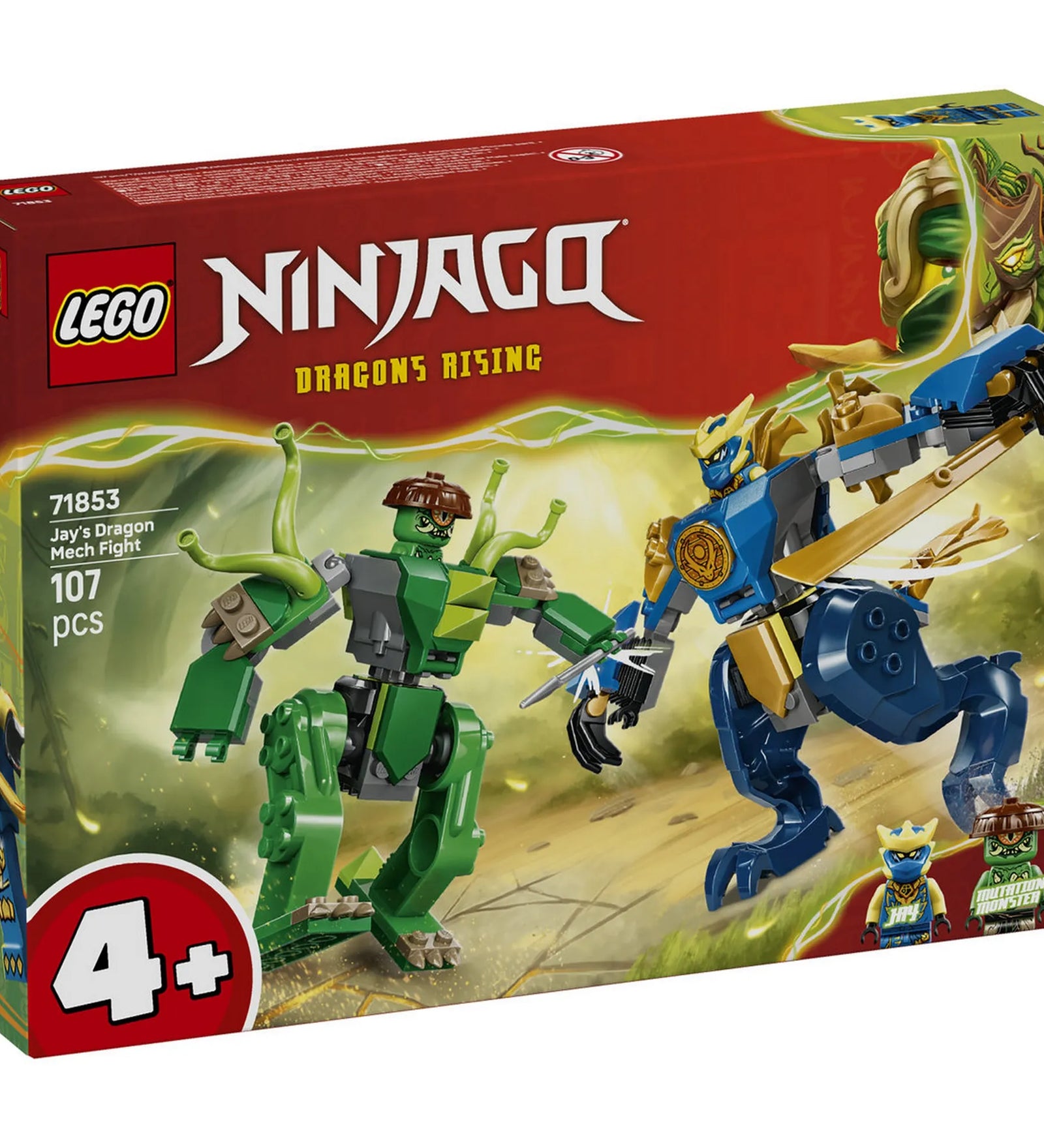 LEGO NINJAGO Jay csatája sárkánypáncélban 71853 dobozkép, Jay sárkányrobot és mutáns szörny robot harci jelenete.