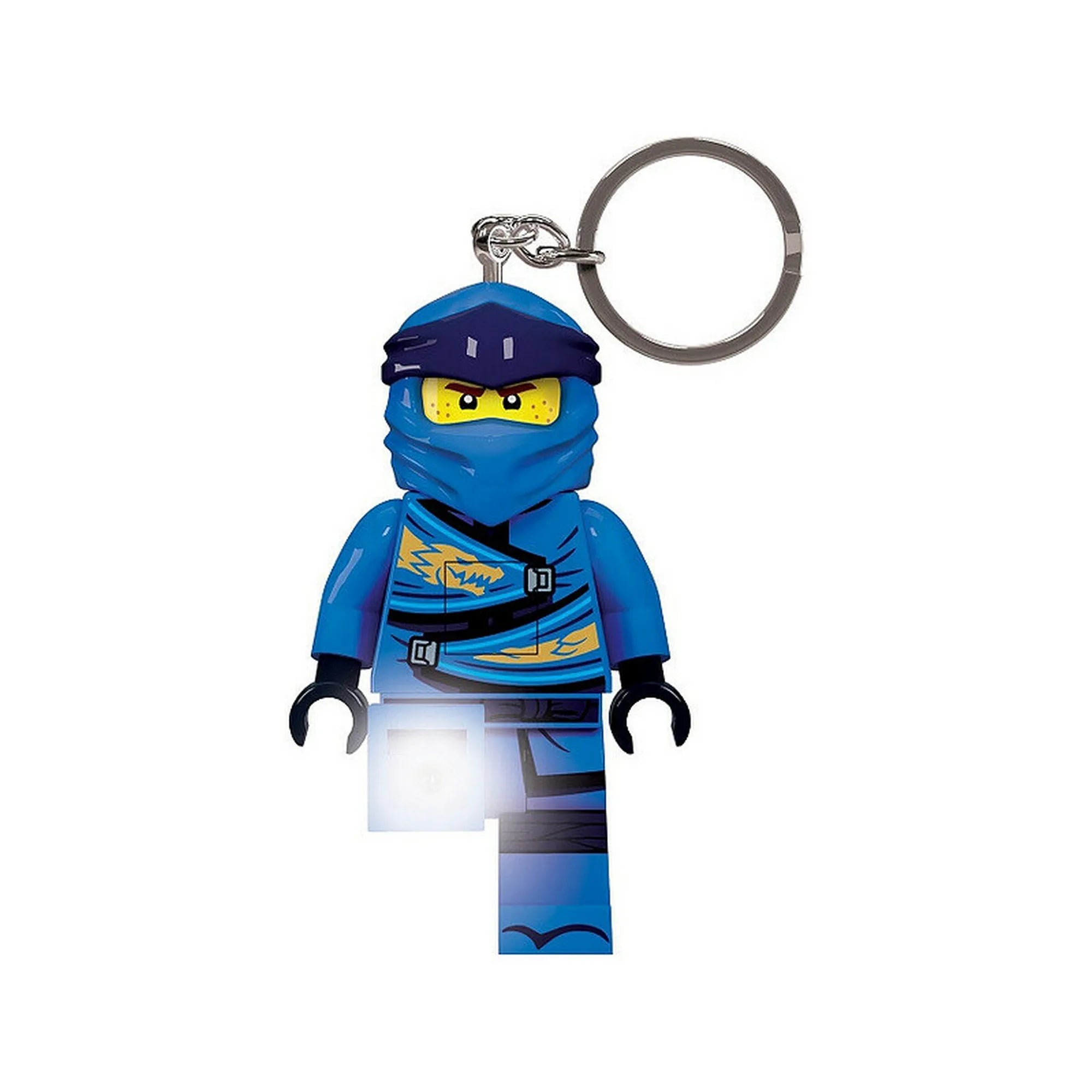 A LEGO NINJAGO Jay LED kulcstartó bekapcsolt fénnyel, amely Jay bal lábából világít, ezüst kulcskarikával.
