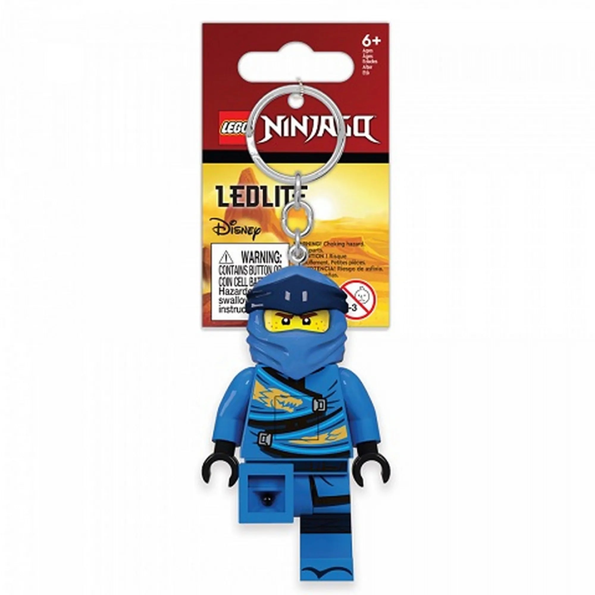A LEGO NINJAGO Jay LED kulcstartó csomagolt állapotban, sárga háttérrel és a LEGO NINJAGO logóval. A kulcstartón Jay, a kék nindzsa minifigura látható.